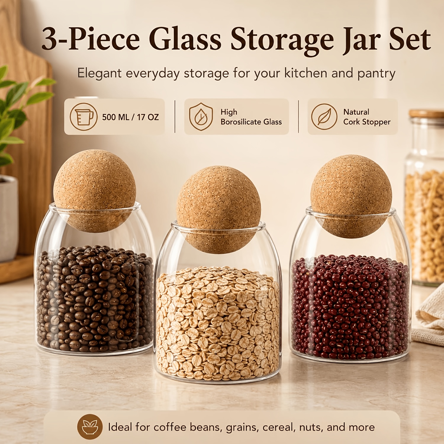TEMU Set Of 3 Spherical Glass Jars, 500ml/17oz Each, With Cork Stoppers For Airtight Seal, Made Of High-borosilicate Glass, Transparent For Easy