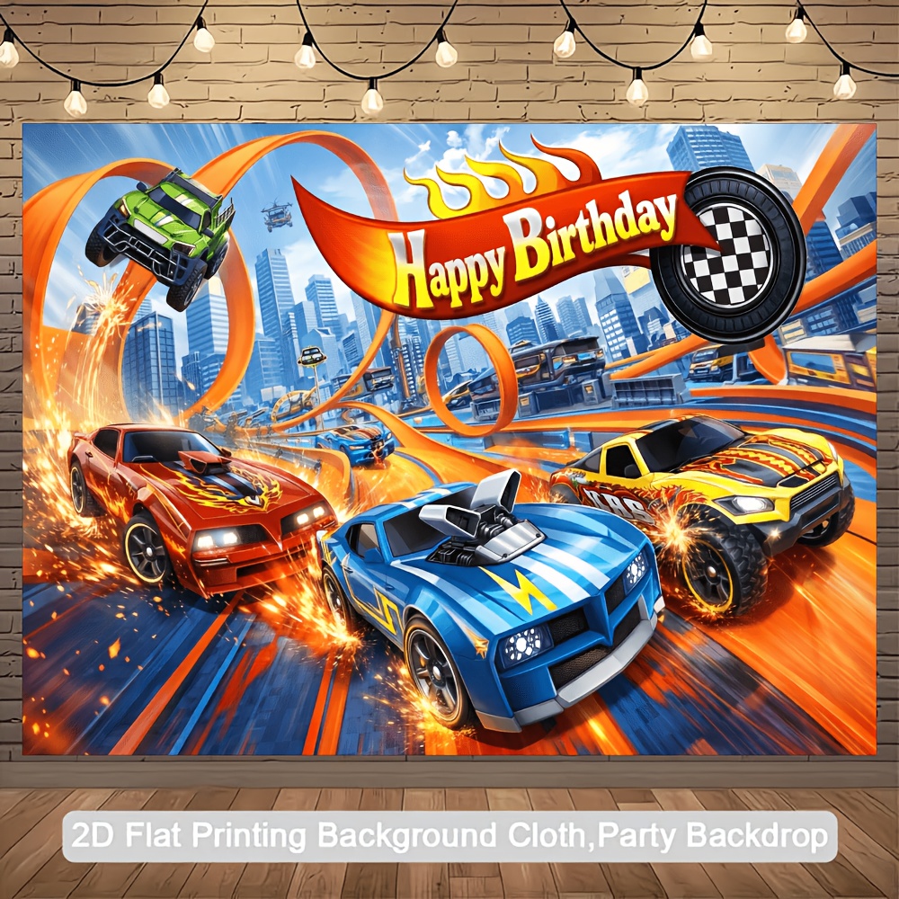 TEMU 2d Flat Printing Background Cloth, Party Backdrop, Theme, Multiple Race Cars, Track, City Building Elements, Happy Birthday Banner, Fire Tire