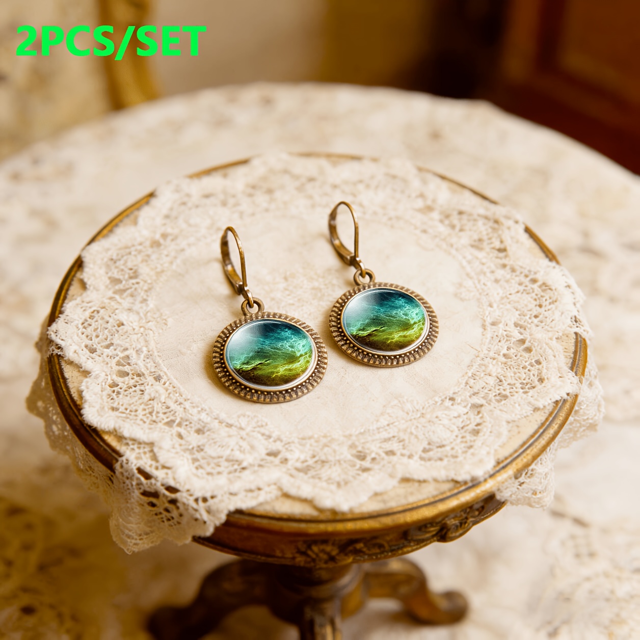 2pc Teal Classic Drop Earrings Set, Unknown Planet Design