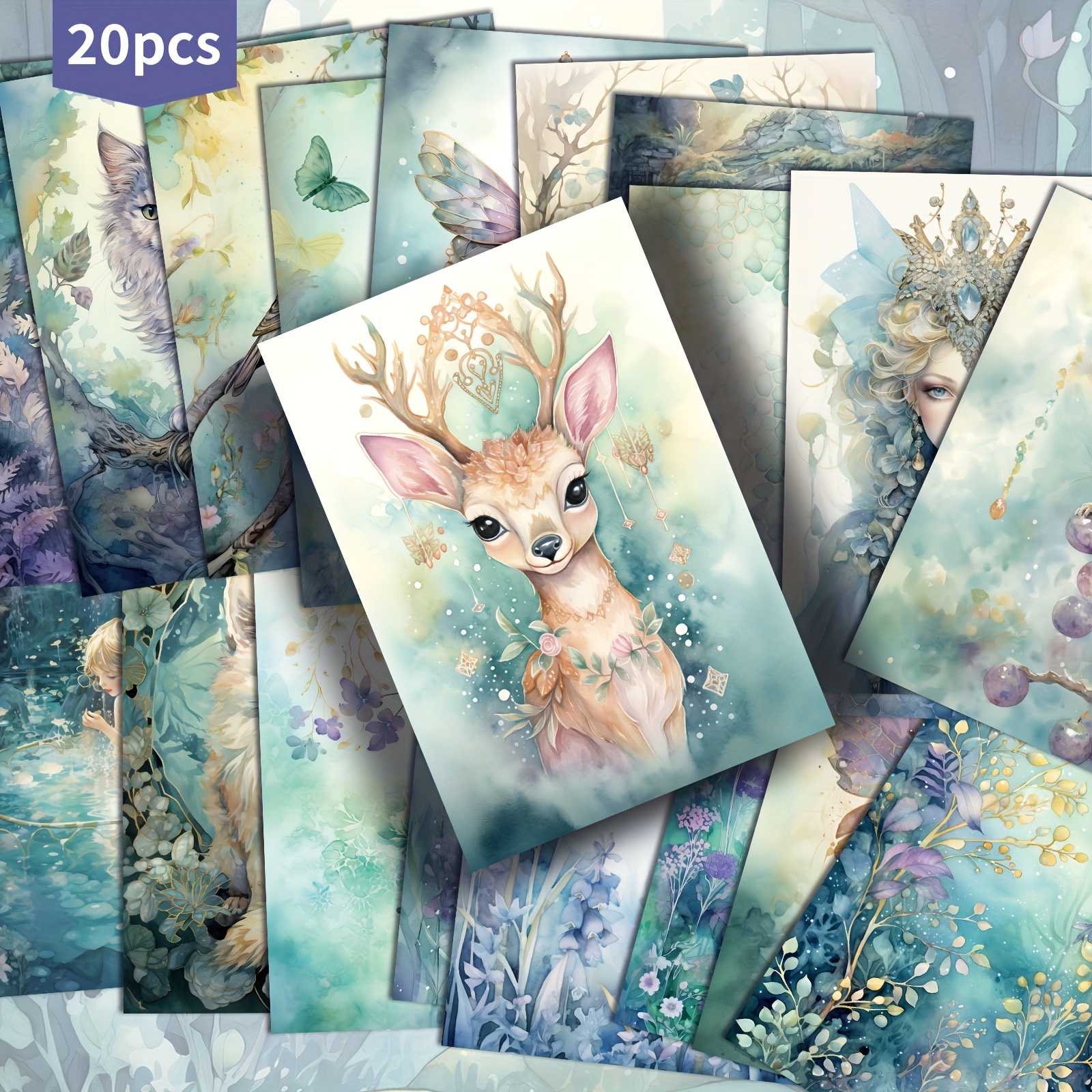 TEMU 20-pack Asstss Vintage Fairy Deer Postcards - 4x6 Inch Mermaid Junk Journal Paper With Classic Pinup Illustrations, Whimsical Floral & Designs,