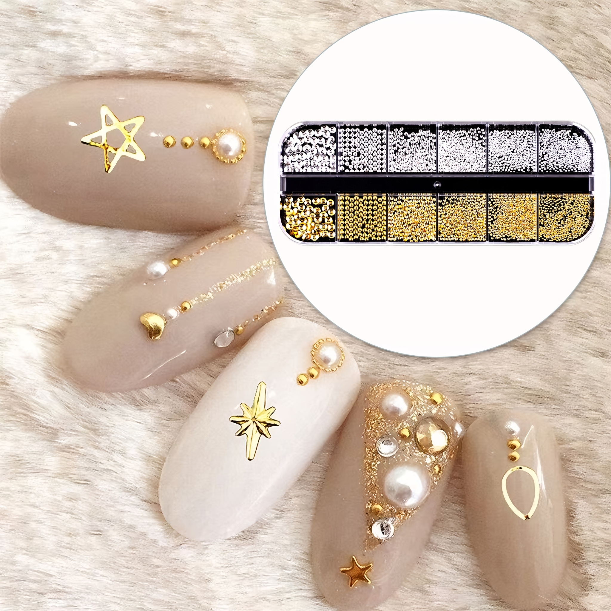 Golden Silvery Half Round Nail (12 Grids) - Metallic Flat-back Beads, Mixed Size Ball Nail Charms