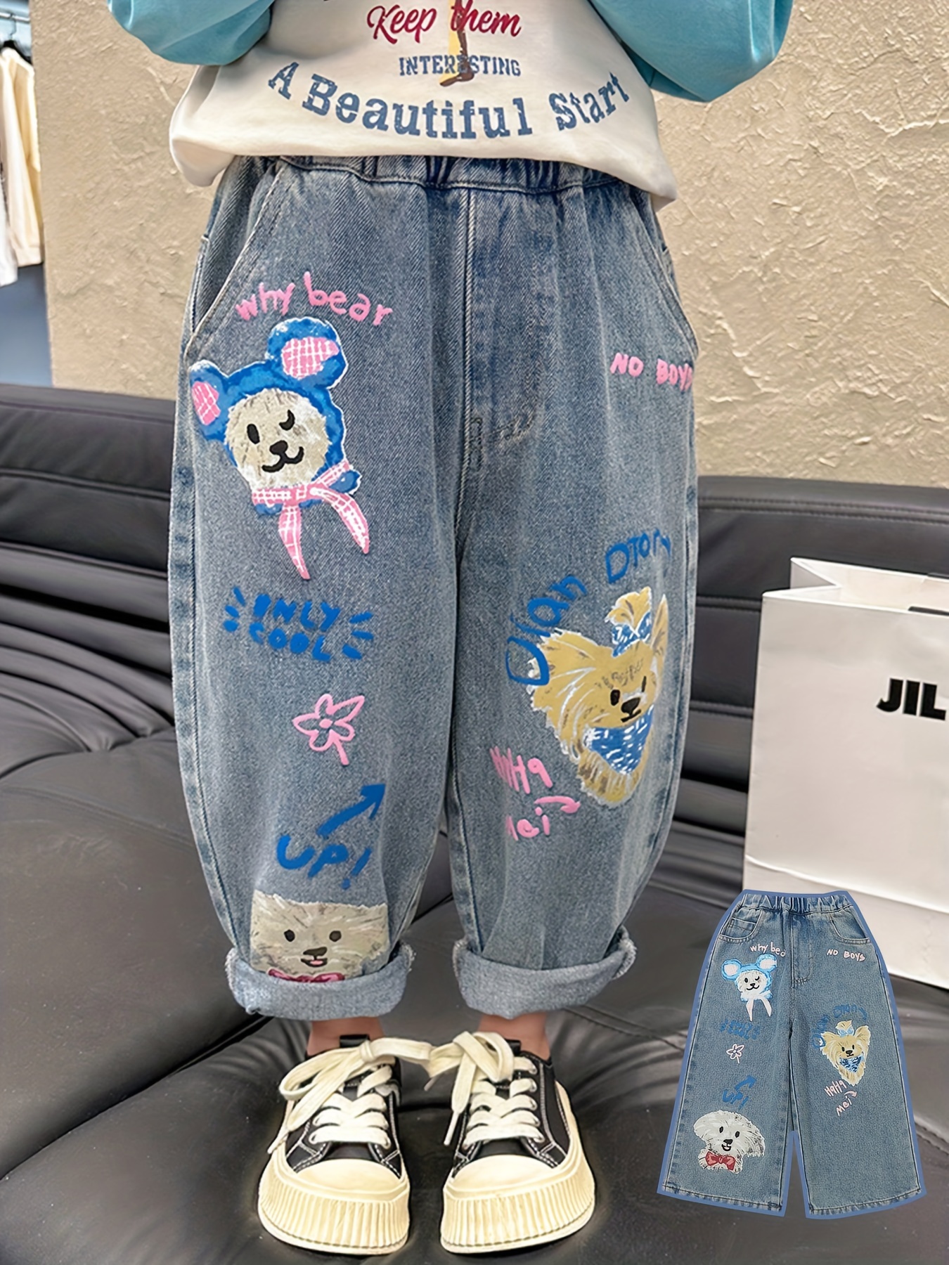 Fashionable Graffiti Denim Pants For Girls, Wide-leg Baggy Jeans For Street  Outfit