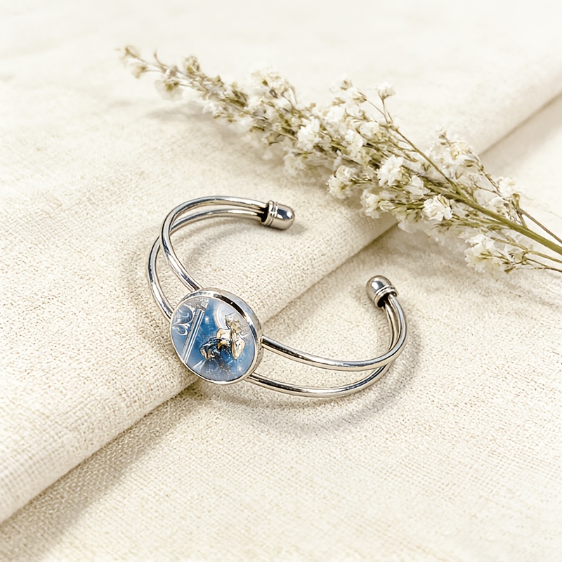 Women's Adjustable Open Bangle Bracelet with Round Time Gemstone Inlay