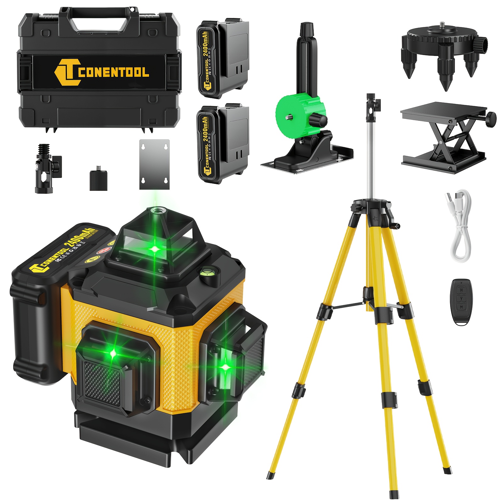 Laser Level 360 Self Leveling, Green Line 4D 16 Lines Laser Leveler Tool Cross Laser with Platform Wall-Mount Bracket Target Plate Carrying Box 2 Batteries Set