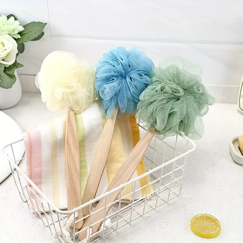 1pc long handle bath sponge large exfoliating shower pouf manual back scrubber brush unscented no battery needed bath exfoliation tool pastel bath poufs durable bath sponge Product details 2
