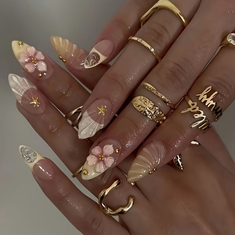 24pcs Almond Elegant 3d Starfish And Flower Press On Nails, Fake Nails, Stylish Autumn Winter For Women, Perfect For Party, Wedding, Halloween, Christmas And Daily Wear