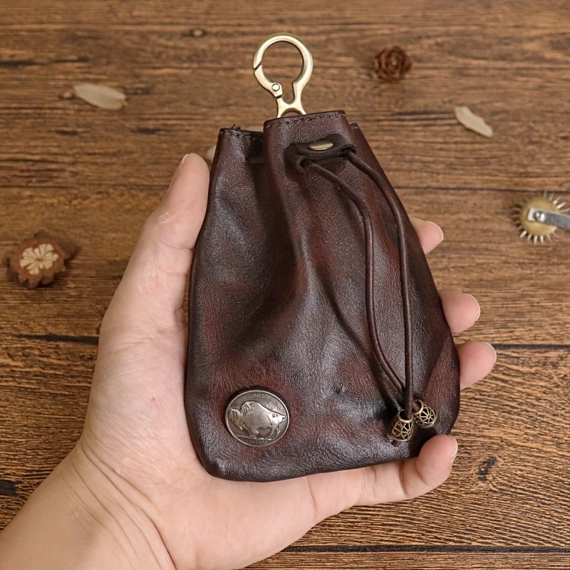 TEMU Handmade Vegetable-tanned Cowhide Wallet Bag - Retro Multi-functional Coin Purse & Car Key Holder With Waist Harness, Leather Change Bag For Cash, Cards & Daily Use (durable Top Layer Cowhide)
