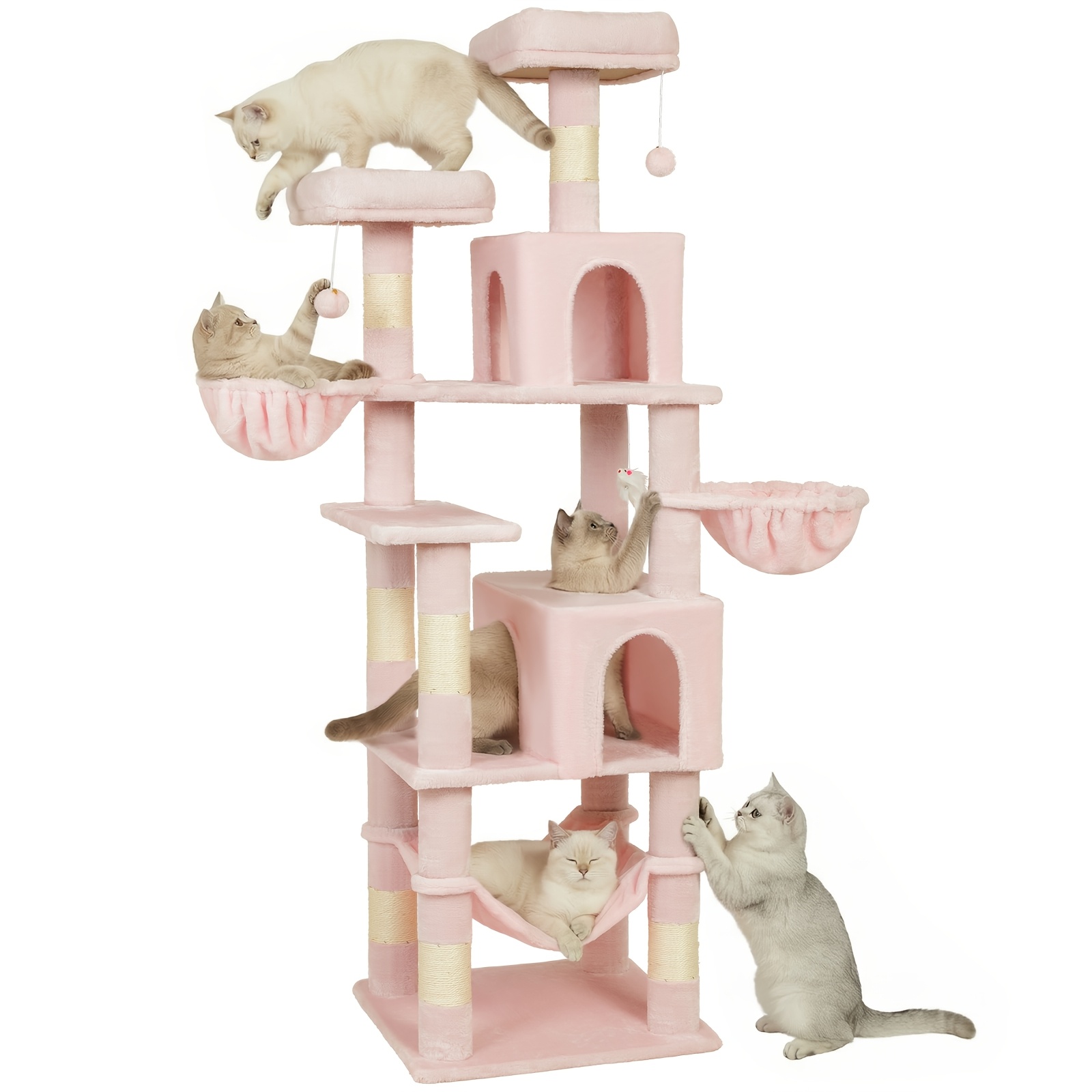 Image of Amhancible 180cm Cat Tree Tower 8 Sisal Scratching Posts, 3 Hanging Cat Toys, 2 Condos, 2 Plush Perches.sturdy, Easy To Assemble.pink.