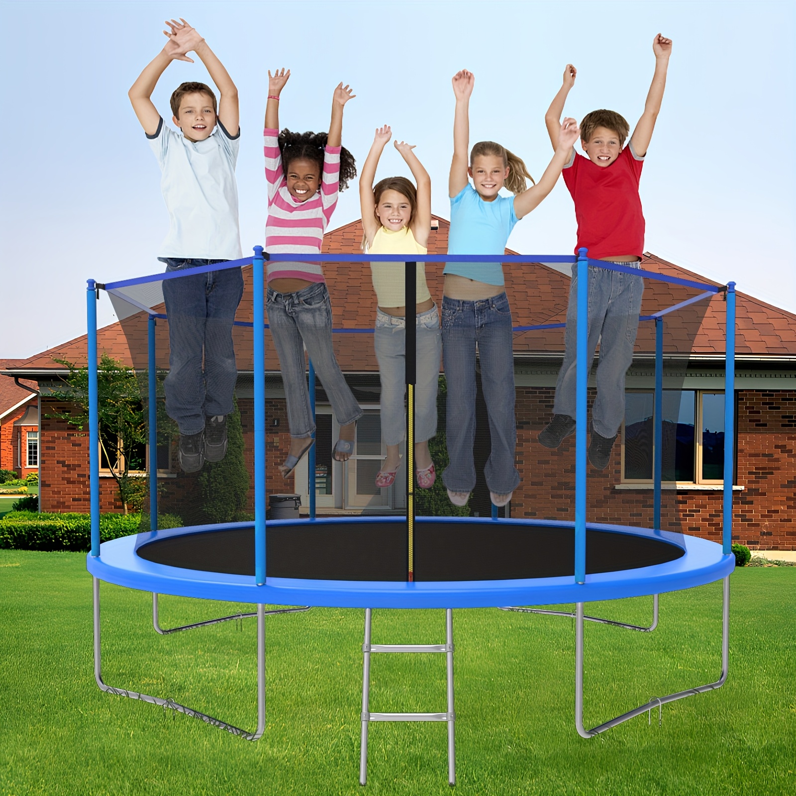 14ft/12ft/10ft Outdoor Kids Trampoline with Water Spray Device, Equipped with Safety Net and Heavy-Duty Rust-Resistant Frame, Suitable for Children and Adults, Includes Basketball Stand and Ladder Blue