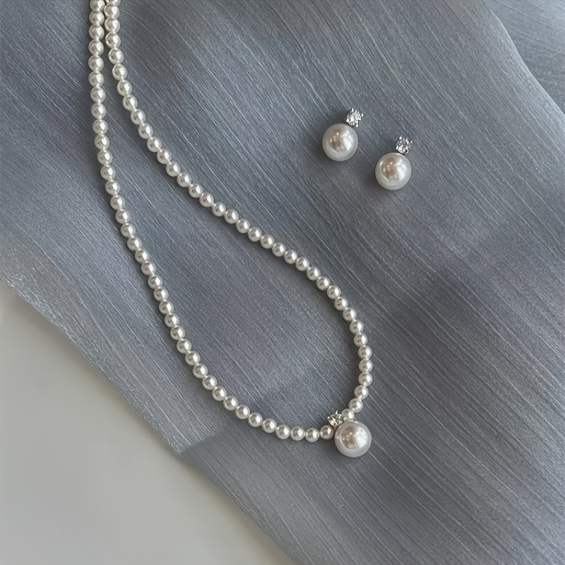 1pc Necklace And 1 Pair Stud Earrings Classic White Glass 2pcs Set Retro Easy Elegant Daily Wedding Gift