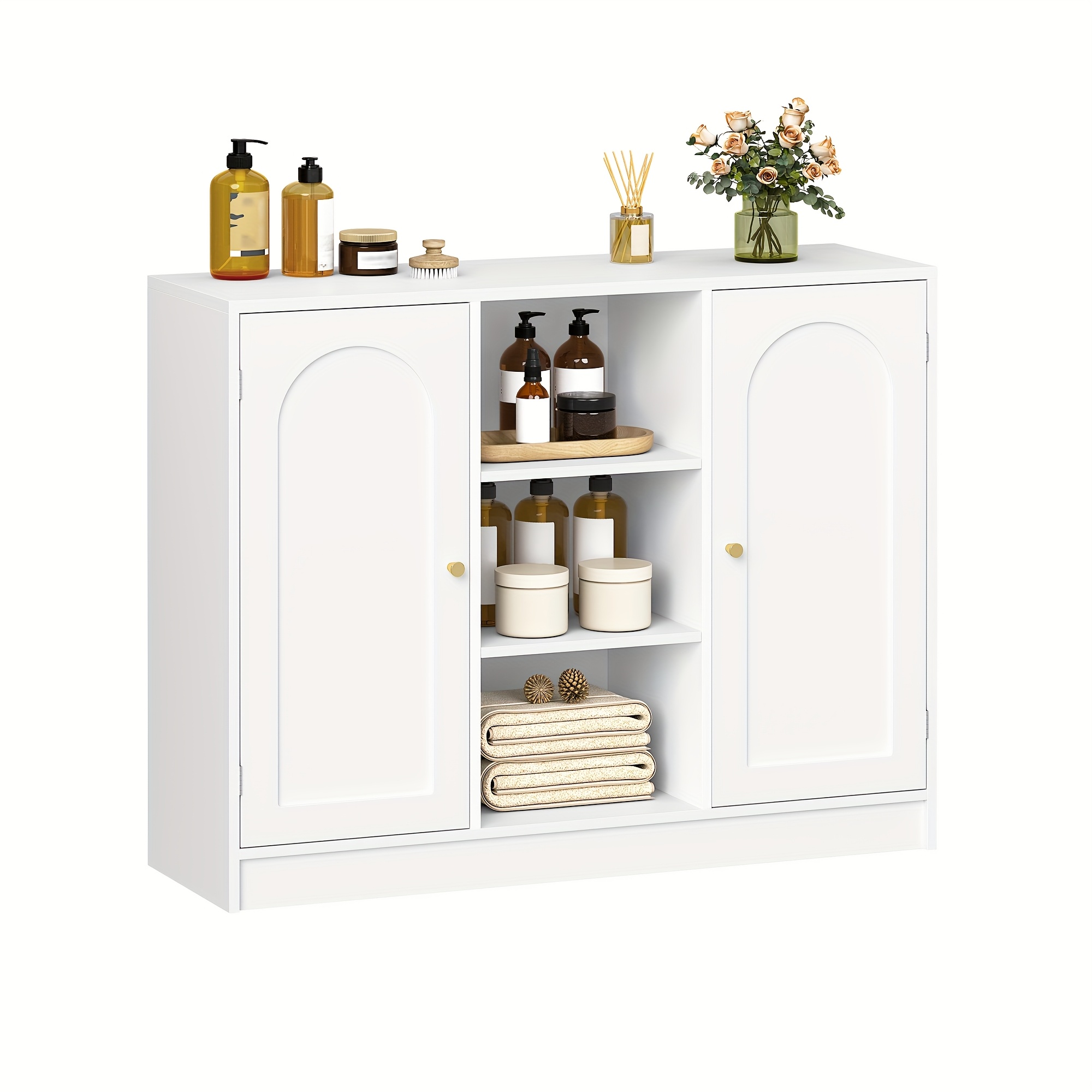 TEMU Storage Cabinet, Bathroom Cabinet With 2 Arched Doors And 3 Open Shelves, Adjustable Shelves, Magnetic Closure, Golden Handles, Multifunctional,