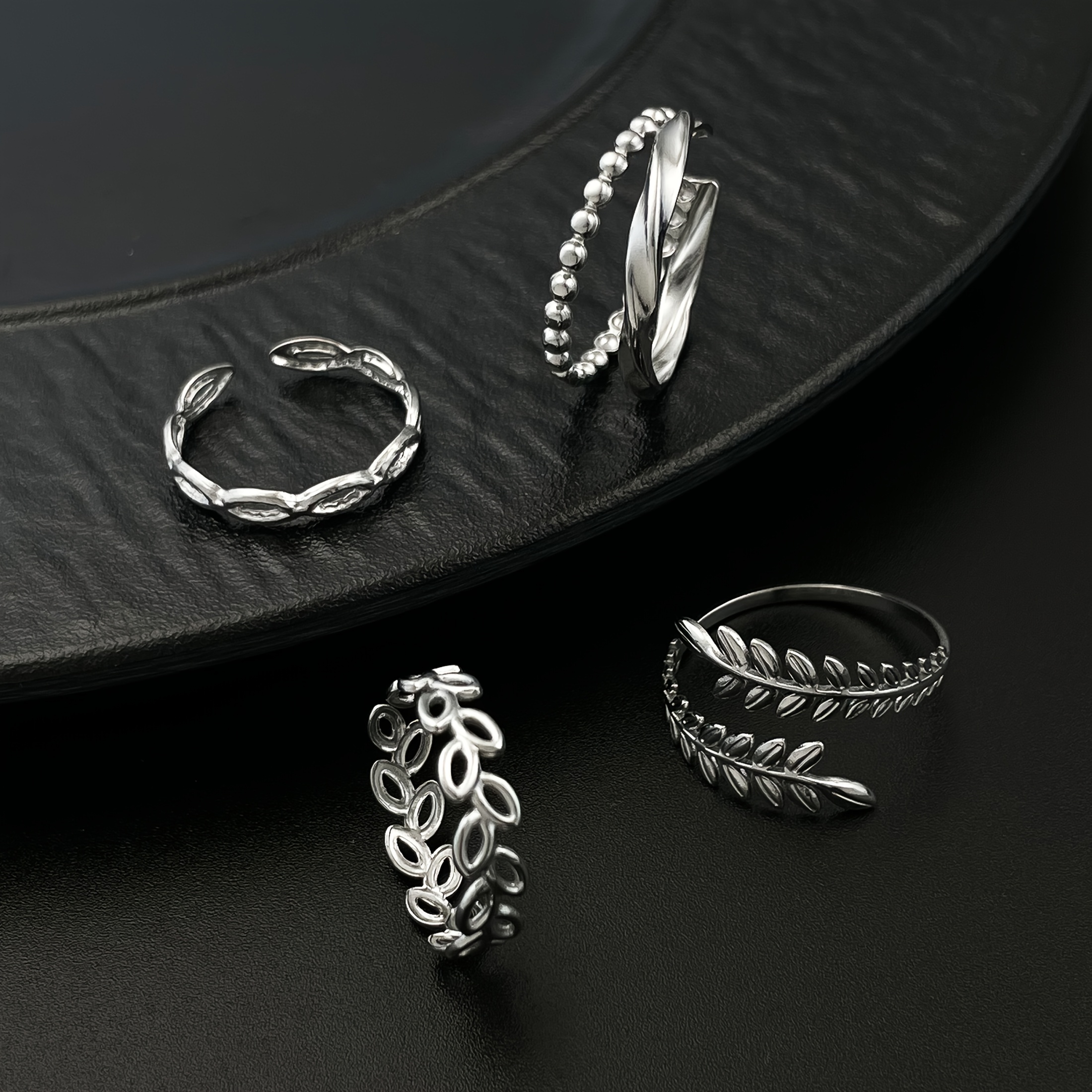 Minimalist Steel Open Ring Adjustable Rope & Leaf Unisex Jewelry