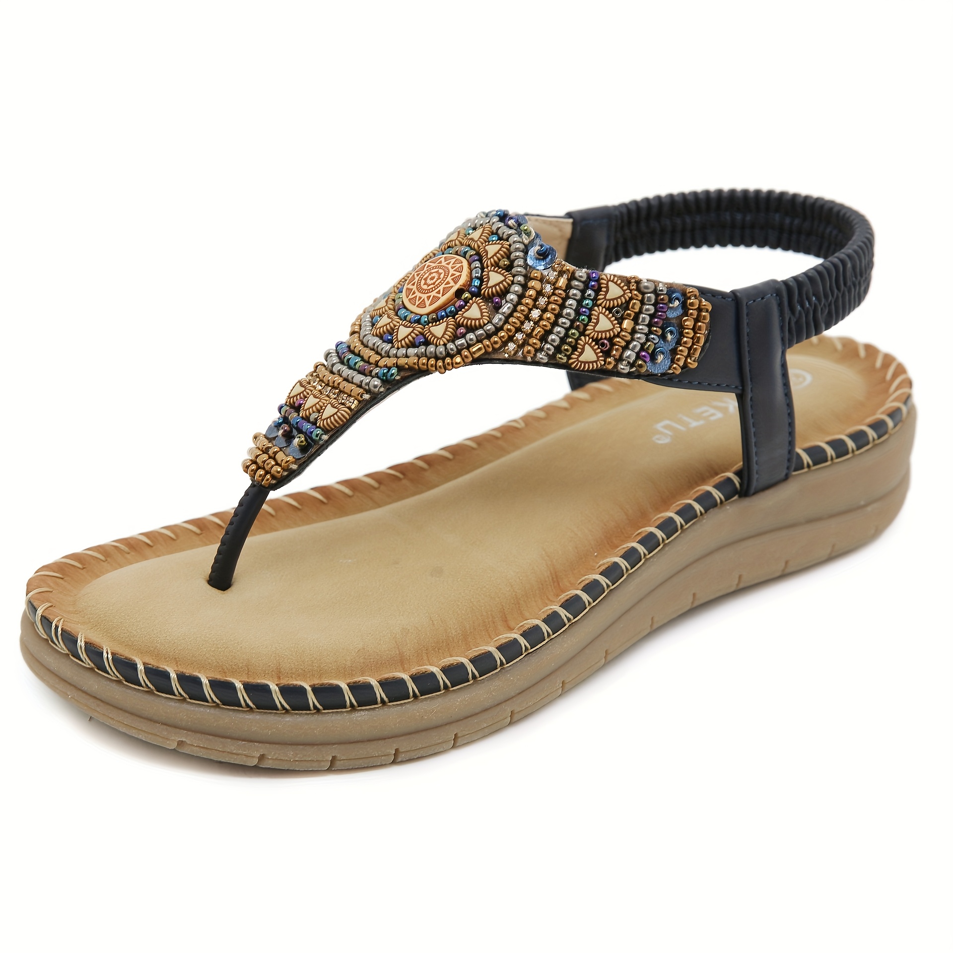 Women'S Flip-Flops, Bohemian Comfortable Beaded Beach Vacation Plus Size Flat Shoes, Women Shoes