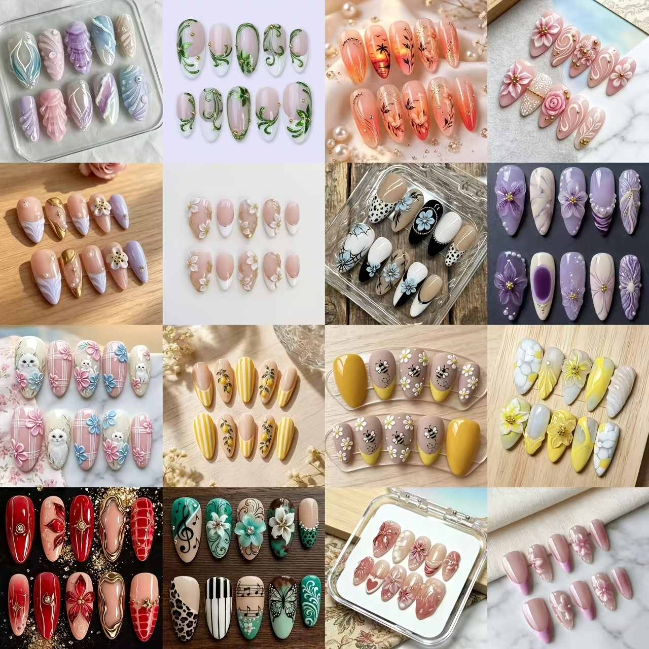 TEMU 40pcs Random Gentle 3d Relief Floral Wearable Nails Multi-styles Random Hand-painted Small Flowers Gradient Watercolor Detachable Nail Art