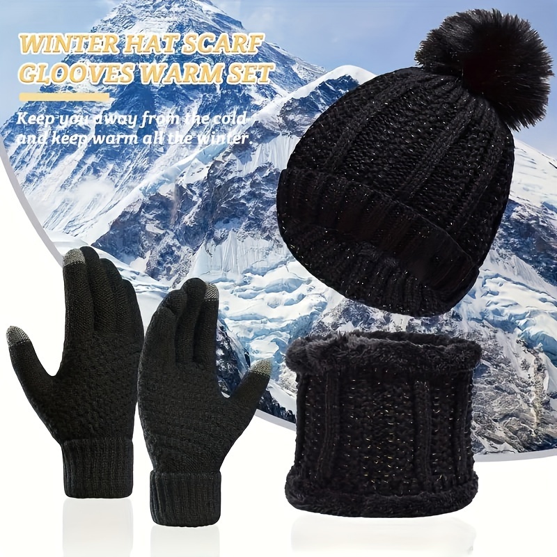 

3pcs Set Winter Hat Women's Plus Velvet Thickened Neck Hat Cycling -proof Knitted Hat Gloves