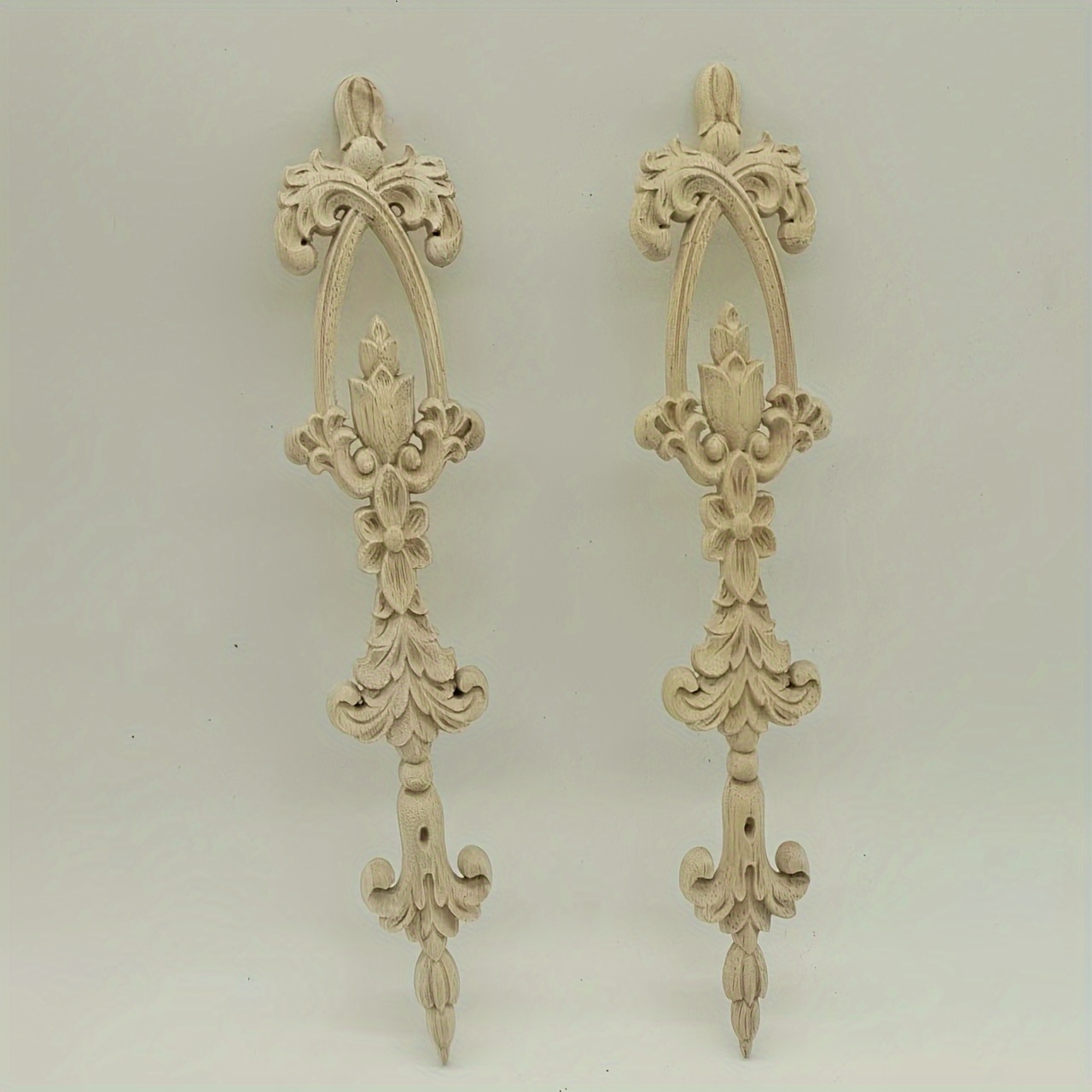 Image of 2pcs Elegant Wooden Onlays, 9.84"x2.36" - Intricate Floral & Scrollwork Design For Diy Wall, Door, Mirror, Cabinet Decor - Unpainted Wood Appliques For Home Embellishment, Wooden Decor