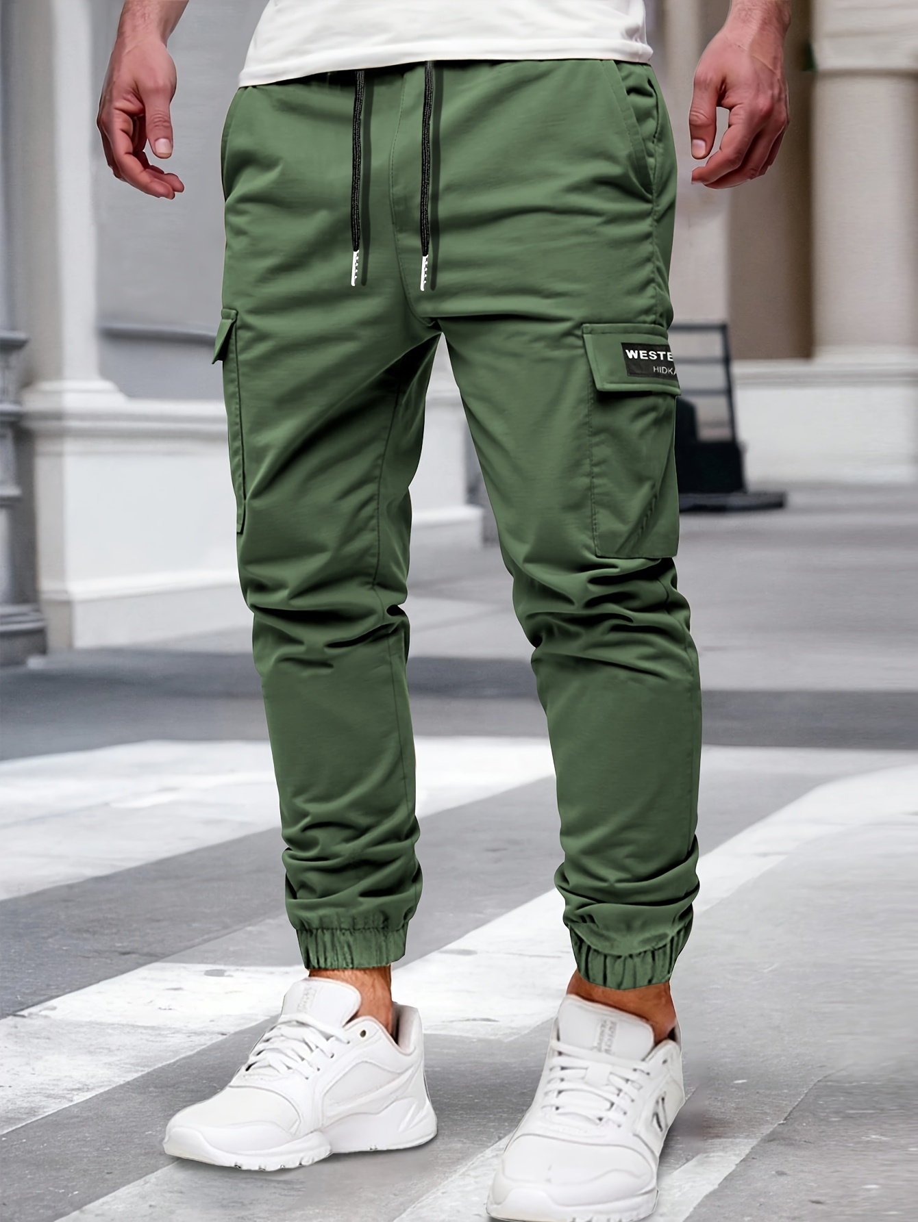 mens casual solid color cargo pants with elastic waist and side pockets comfortable for outdoor activities regular fit details 3