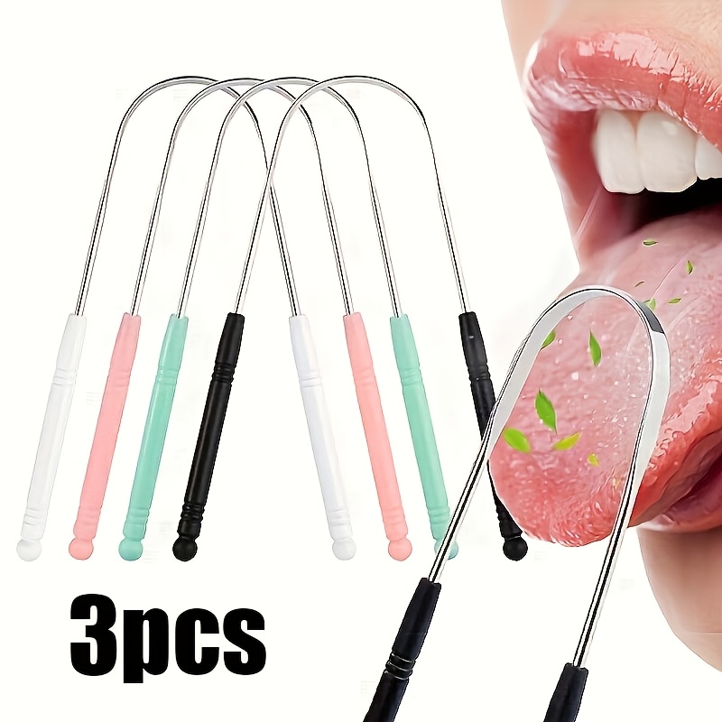 3pcs stainless steel tongue coating cleaner set portable oral hygiene with 3 pronged scraper   ideal for plaque removal