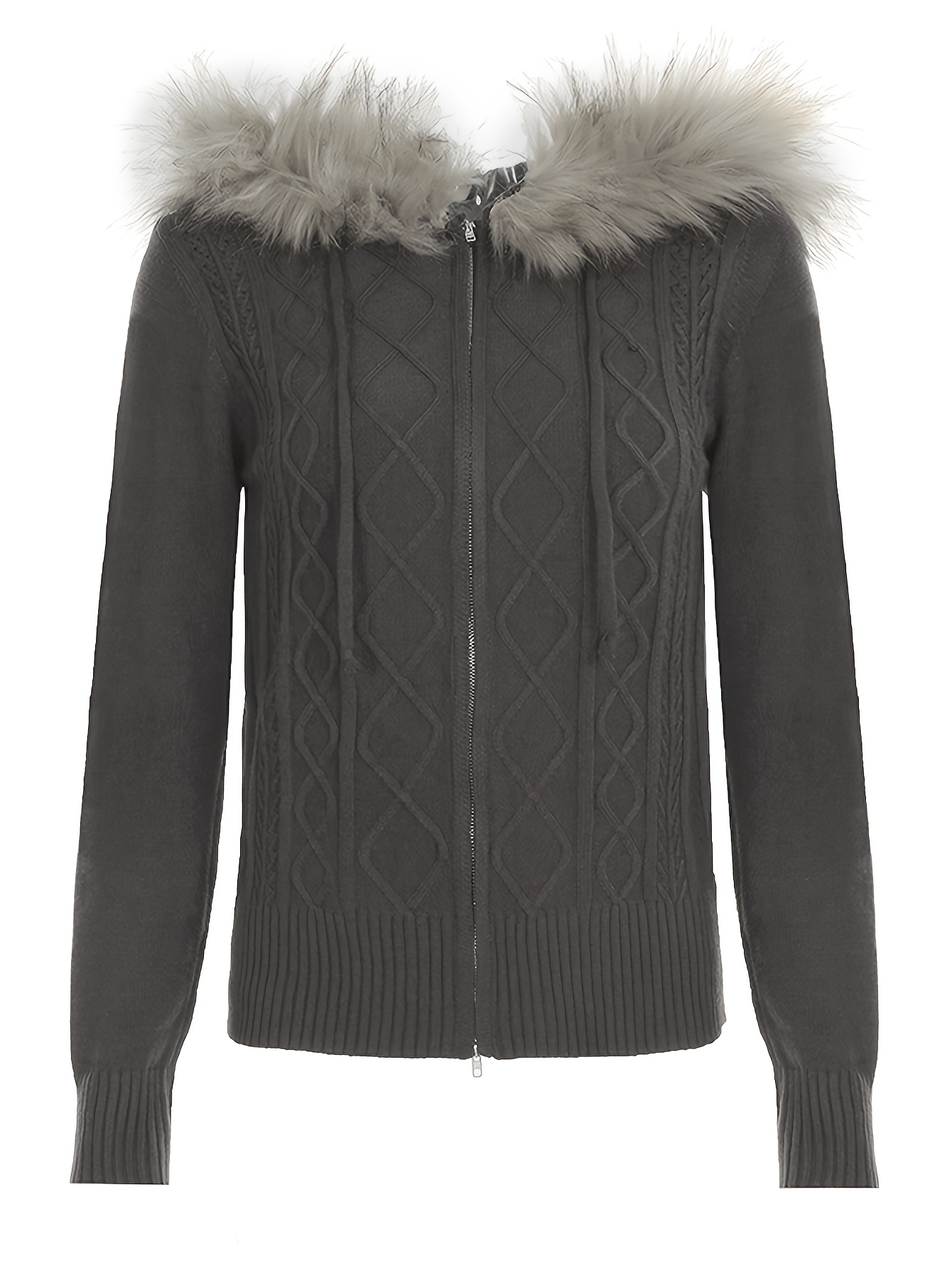 Women'S Autumn Winter Knit Zip-Up Hoodie with Contrast Faux Fur Collar  Casual, Stylish, Long Sleeve Pullover, Casual Wear|Stylish Knitwear|Zippere