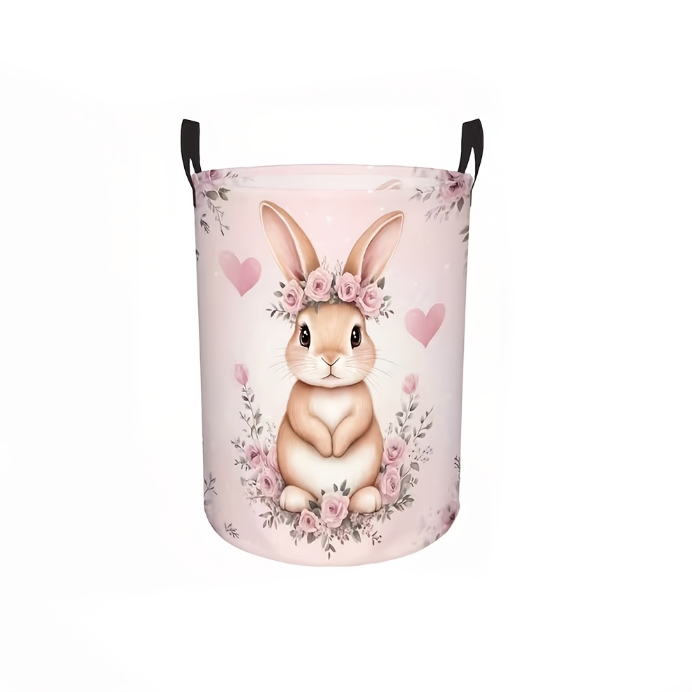 TEMU 1pc Foldable Easter Bunny & Floral Laundry Basket With Sturdy Handle - Round Portable Hamper Suitable For Room,, Dorm, Space-saving Storage For