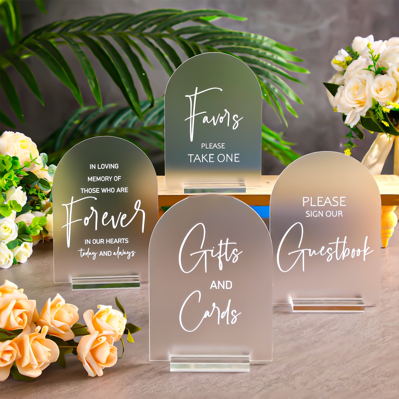 TEMU 4pcs Acrylic Wedding Reception Signs With Stand Clear Gifts And Cards Sign With Holder Our Guestbook 5 X 7 Inch Rustic Calligraphy Wedding Sign For Wedding Ceremony Reception