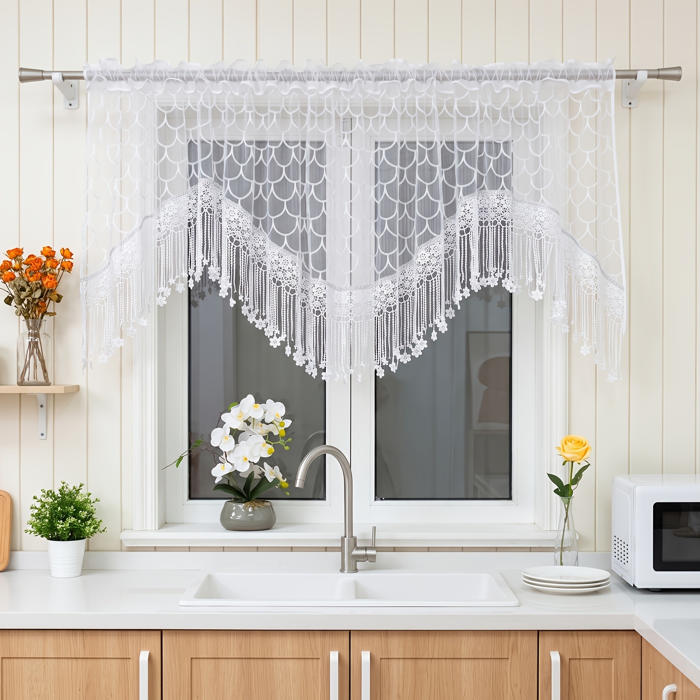 Image of 1pc Luxury Sheer Tulle Curtain With Embroidered Lace & Crystal Embellishment - Semi-sheer , 300cm Wide X 100cm Length, Elegant Drapes For Bedroom & Living Room, Machine Washable Fabric