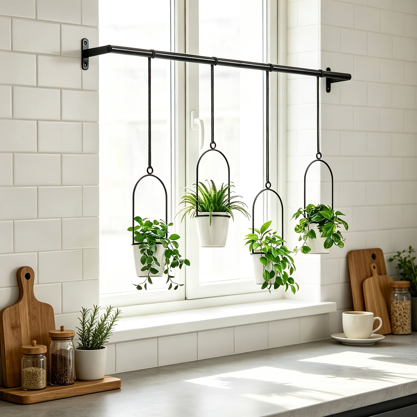 Image of Hanging Planter For Window, Indoor Garden, Set Of 4, White, Indoor Hanging Planter Plant Hanger With Planters, Hanging Rope & Modern Wall And Ceiling Hanging Plant Holder