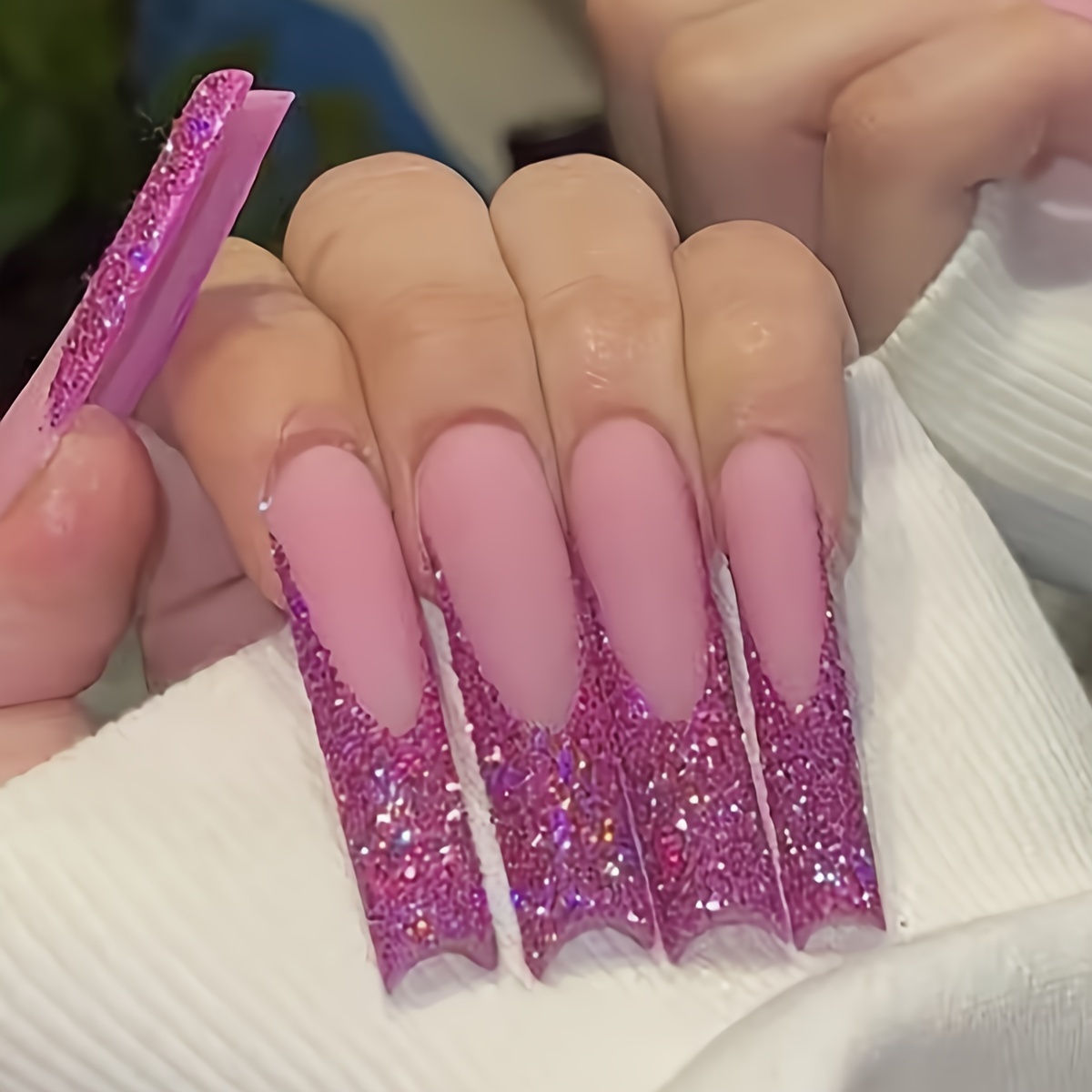 

24pcs Extra Long Coffin Press-on Nails Set In Frosted Purple With Glitter French Tips, Matte - Includes Nail File & Party For A Look, Tips