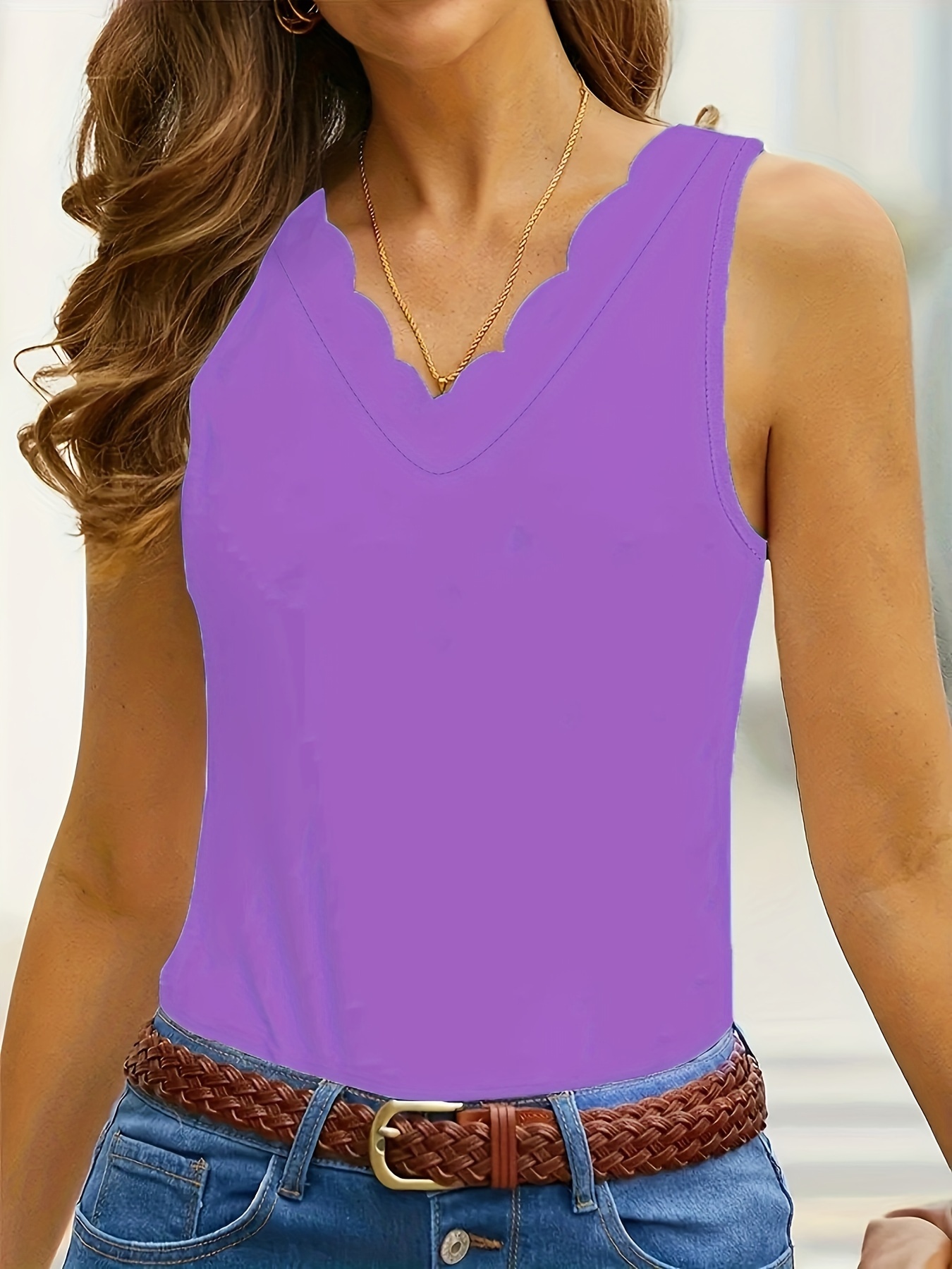 Plus Size Scallop Trim Tank Top, Casual Sleeveless V Neck Tank Top For Summer, Women's Plus Size?Clothing