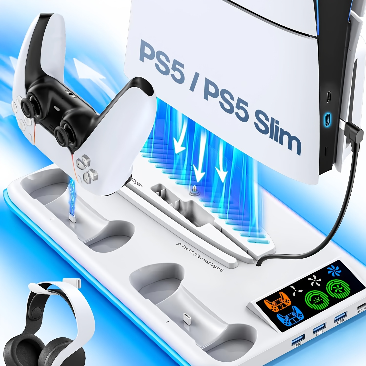 TEMU Iplay For Ps5/slim/pro Cooling And Charging Dock, Featuring Controller Charging, An Led Panel With Rgb Lighting, Storage Slots For Ps5 Slim/
