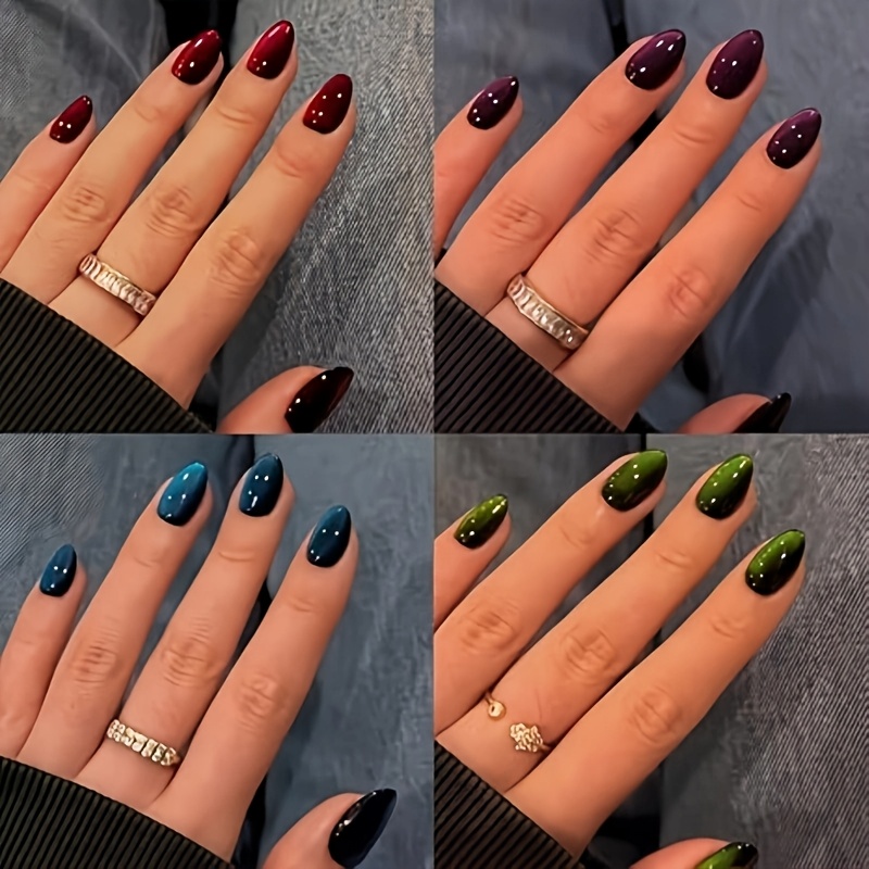 TEMU 4pcs Press-on Short Oval Nail Set, Cat-eye Press-on Short Almond Nail Set, Dark Chrome Press-on False Nails, And Glittery Black Press-on Nails