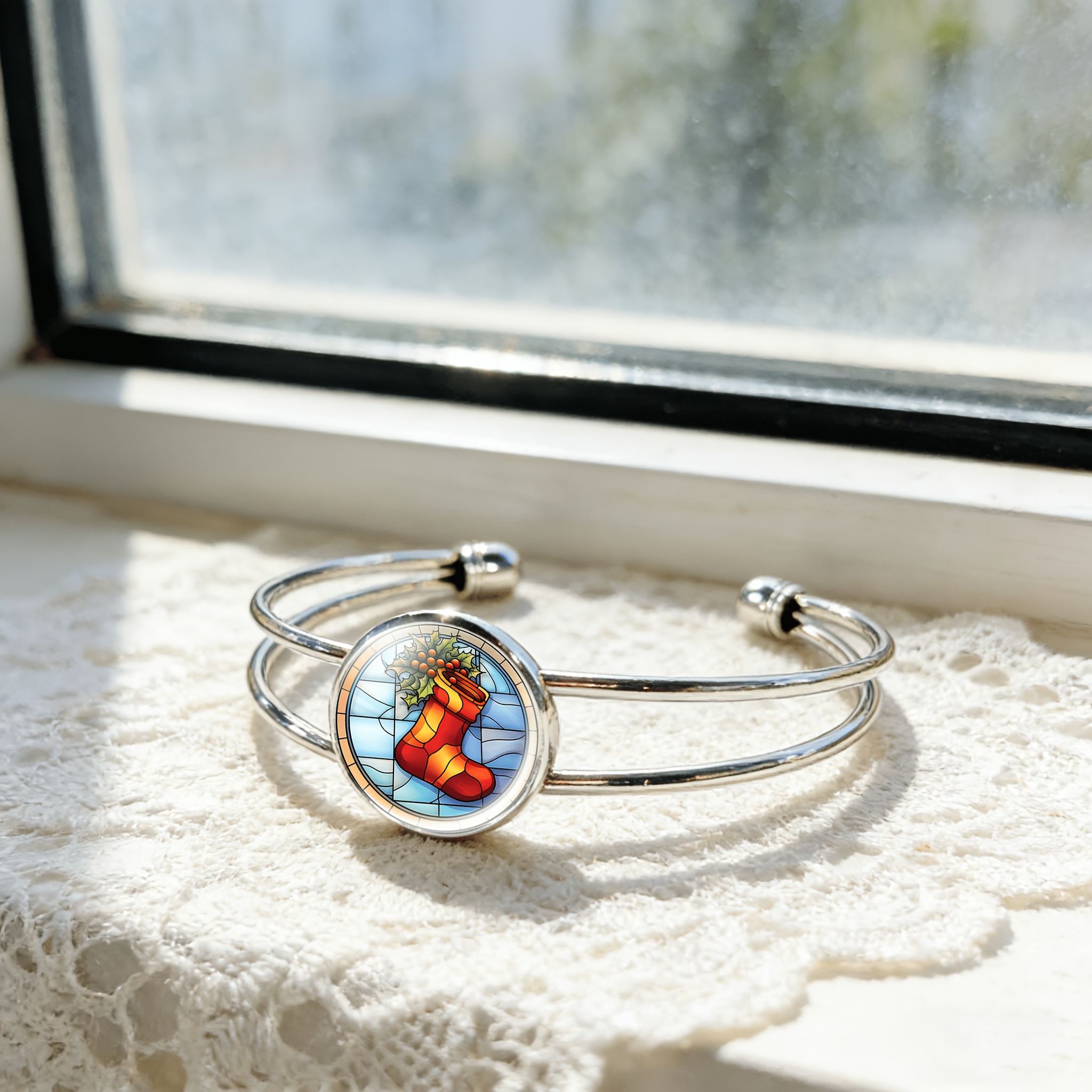 Women's Adjustable Round Time Gemstone Inlaid Bangle with Holly Branch Design