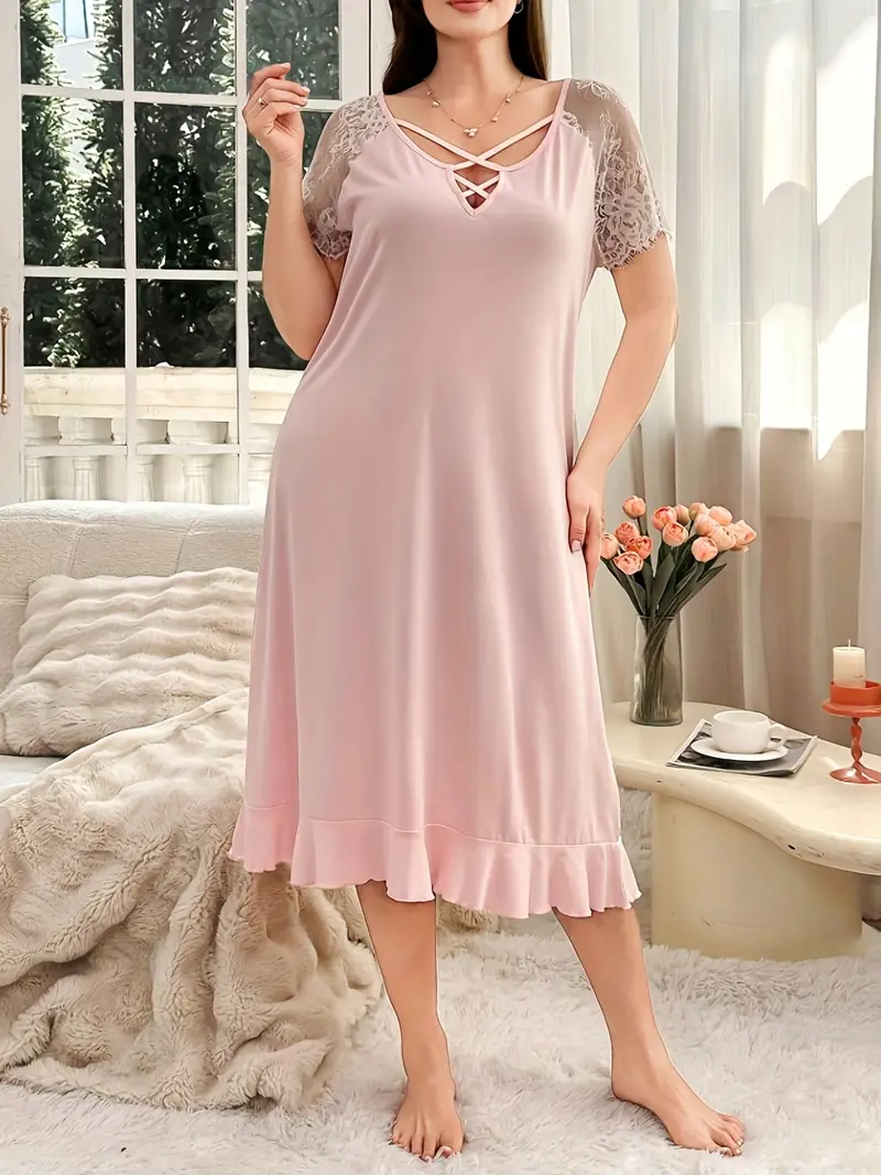 short sleep night dress UAZNegozio Women Girl Short Sleeve Lace Sleep Dress Princess Style Gauze Nightgown Night Dress Pink at Amazon Women's Clothing store