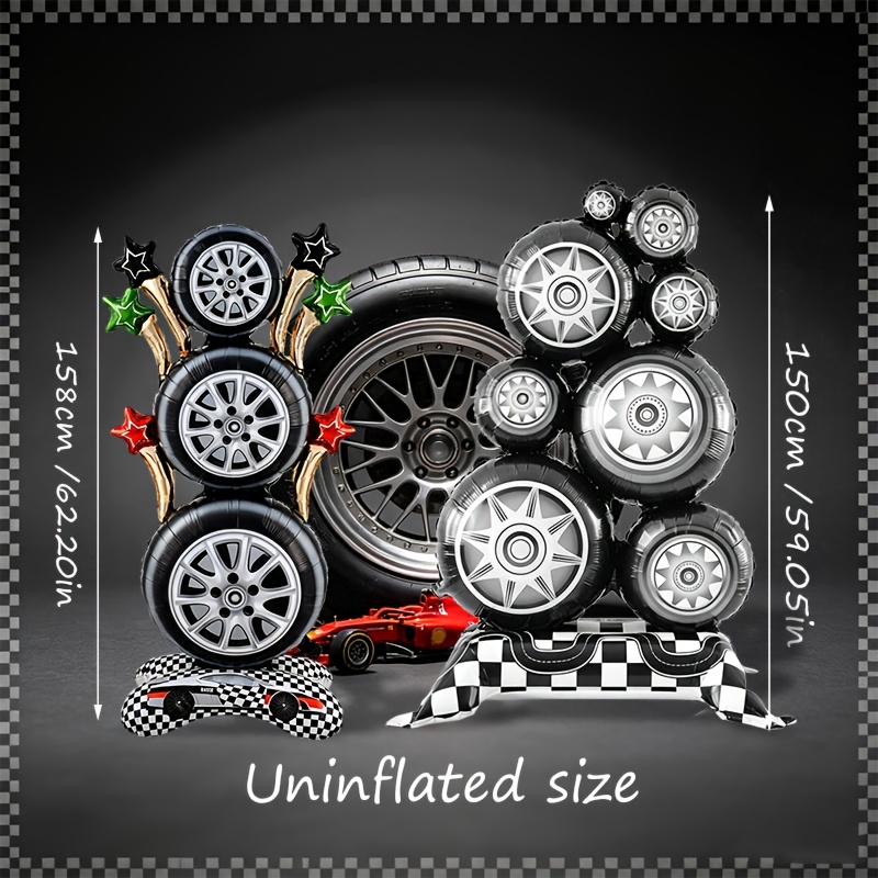 TEMU 2pcs - Large Upright Tire Balloons, Racing-themed Birthday Decorations, Freestanding Floor Racing Wheel Balloons With Checkered Flag Base,