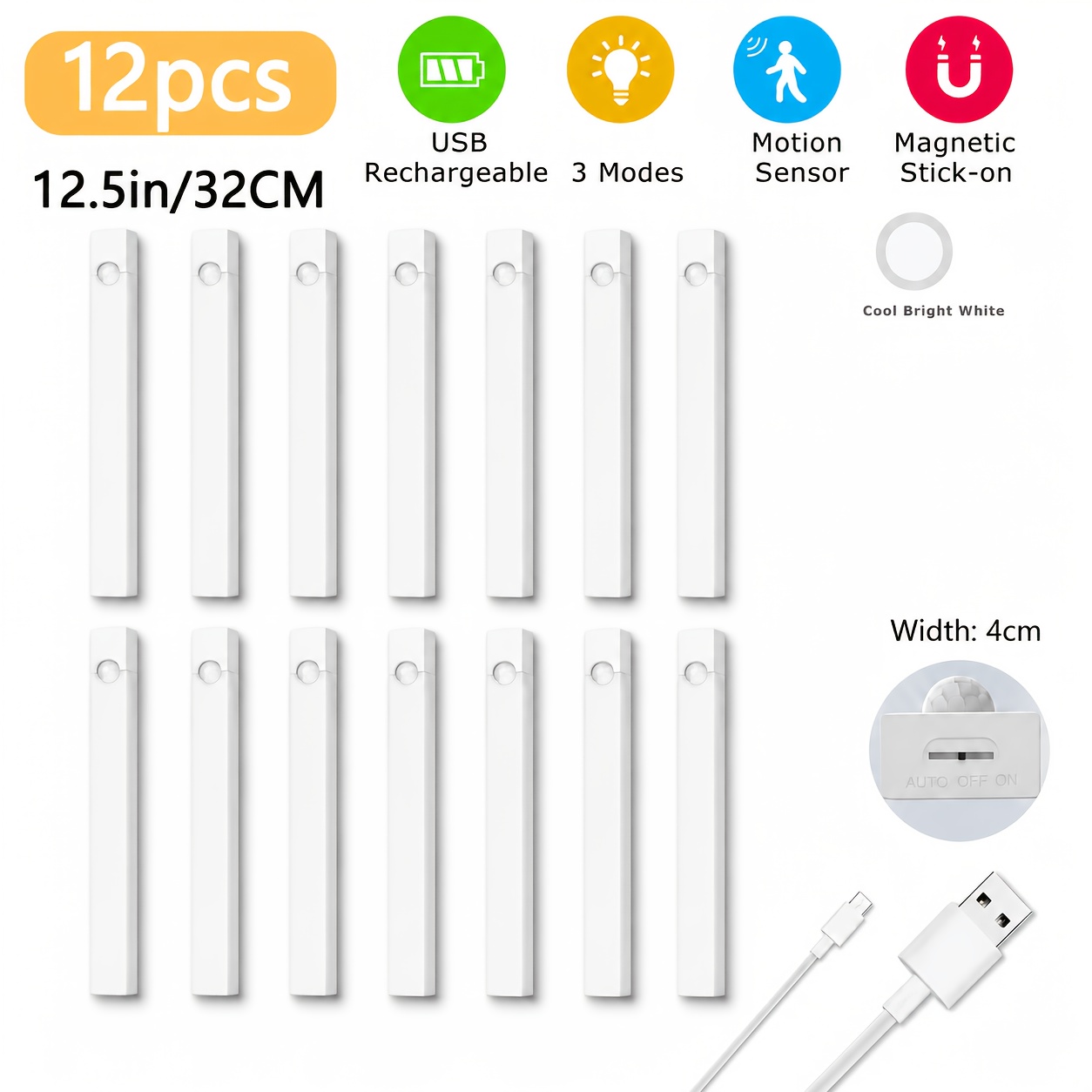 TEMU 12-pack Extra-long Adjustable Smart Led Strip Lights, Motion Sensor, Usb Rechargeable, 3 Lighting , Night Light For Bedroom, Stairs, Kitchen,