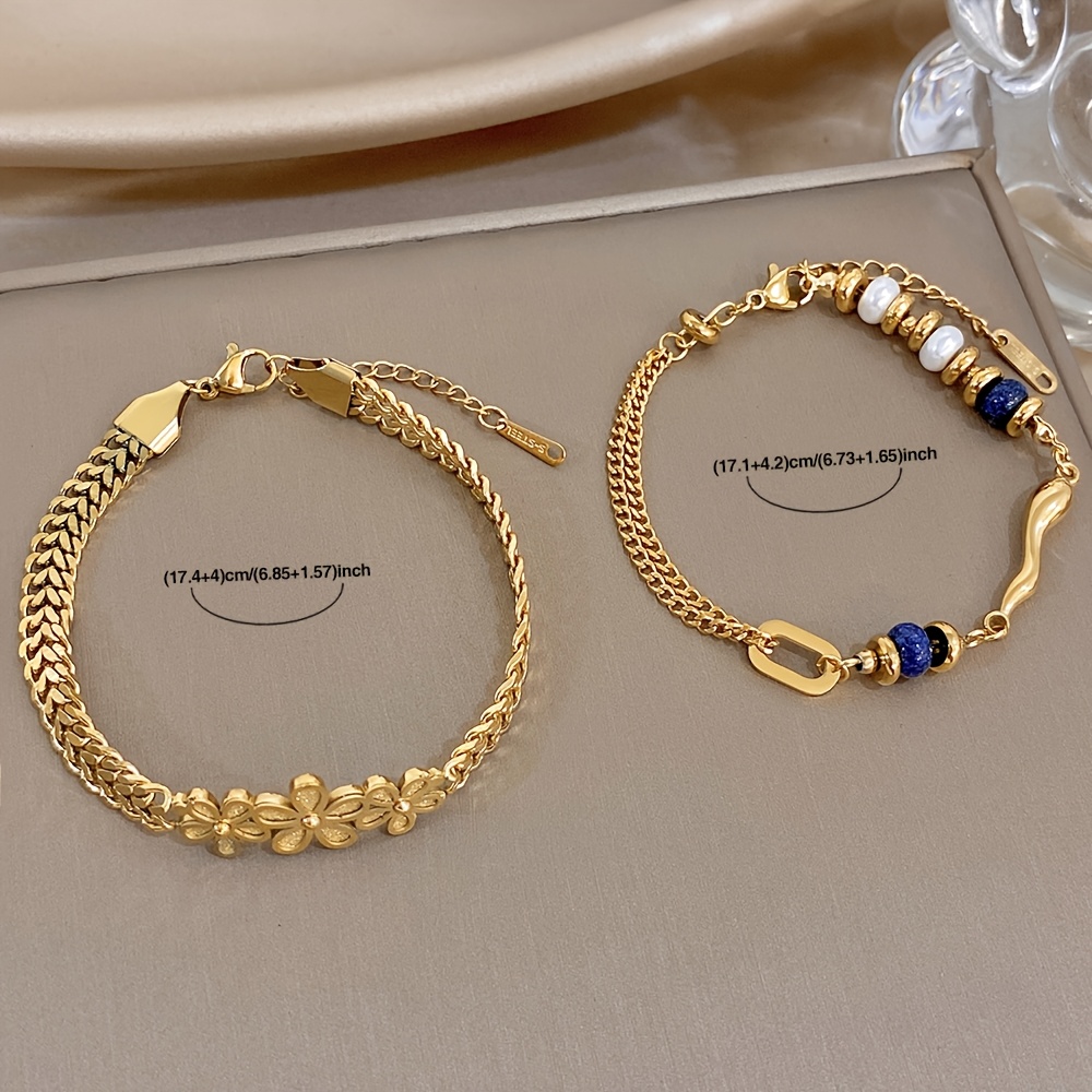 2pcs Vintage Double-Layer Chain Bracelet Set with Blue Stone