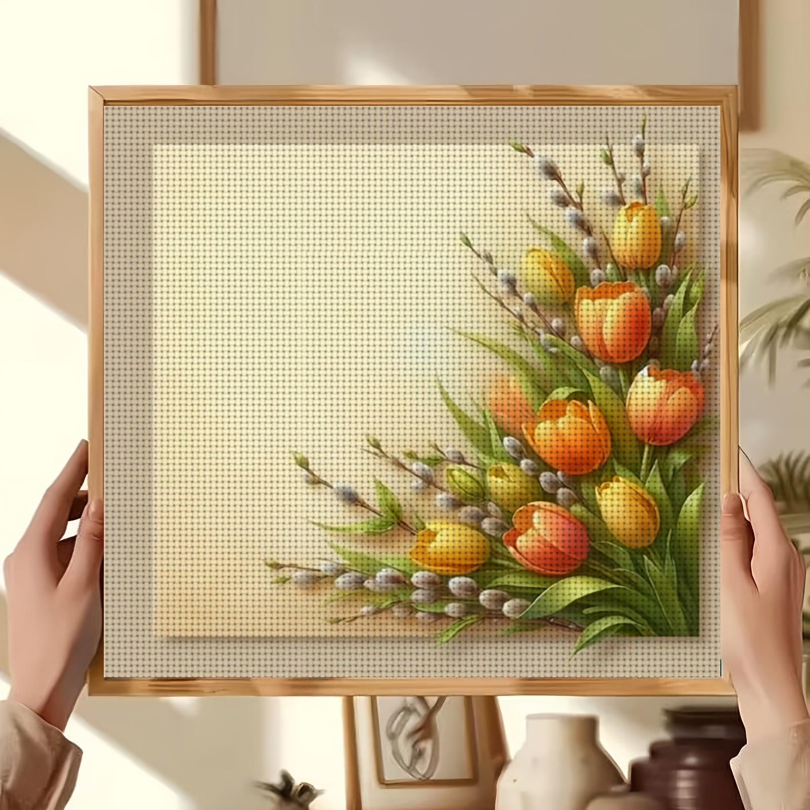 Cross Stitch Print Kit, Orange Yellow Tulips and Willow Buds