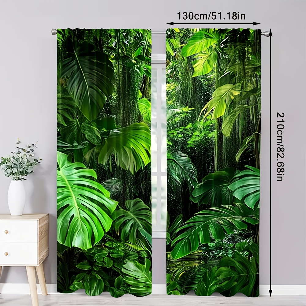 TEMU [2pcs Sheer Curtains] 2pcs Art Deco Green Leaves And Palm Patterns Sheer Curtains, 100% Polyester, Semi-transparent, Machine Washable, Rod For
