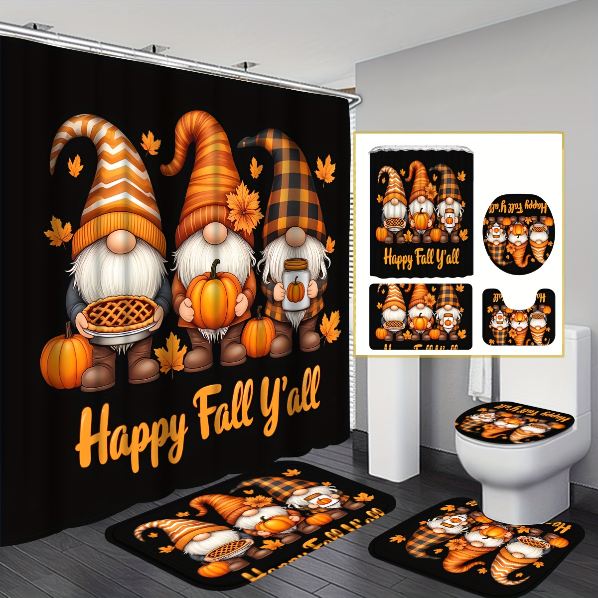 TEMU 4pcs Happy Fall Shower Curtain Set, Fall Bathroom Curtain Set With 12 Hooks Included Non-slip Bathroom Rug, Toilet Mat, Toilet Lid Cover, Fashion Bathroom Accessories Thanksgiving Gift