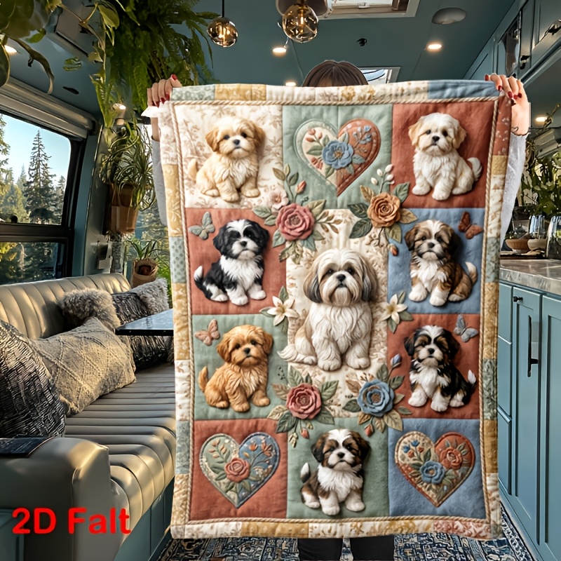 TEMU 2d Flat Printed Vintage Floral And Shih Tzu Design Blanket, 2d Flat Print Throw, Soft Cozy Rv Bedding, Holiday Gift For