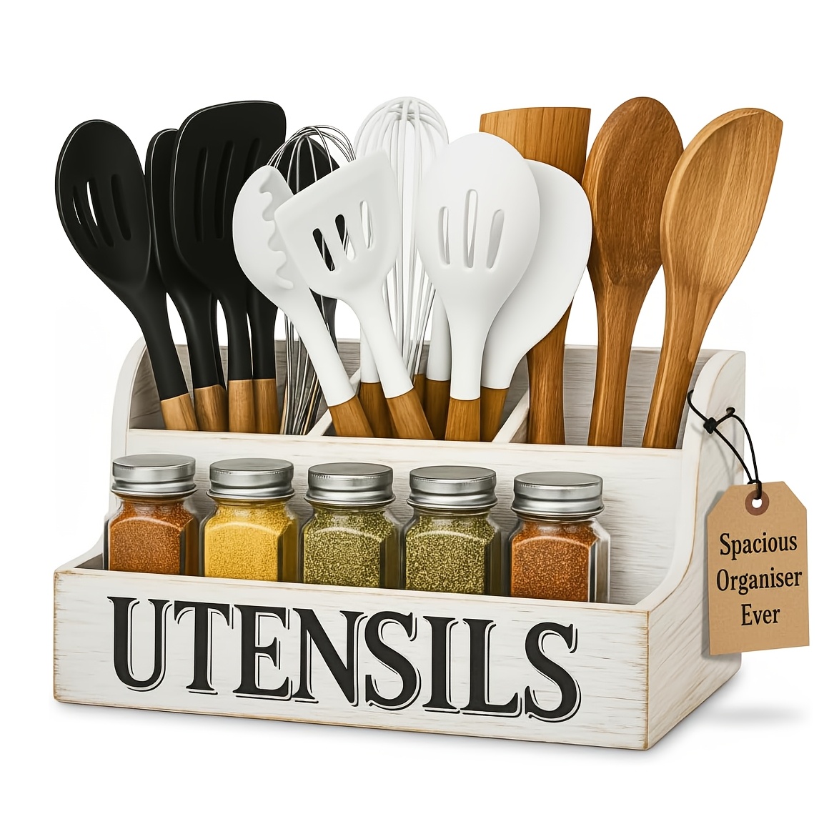 TEMU 1pc Heavy-duty Kitchen Utensil Organizer (with 4 Compartments), Cutlery Organizer, Wooden Kitchen Utensil Organizer, Suitable For Kitchen