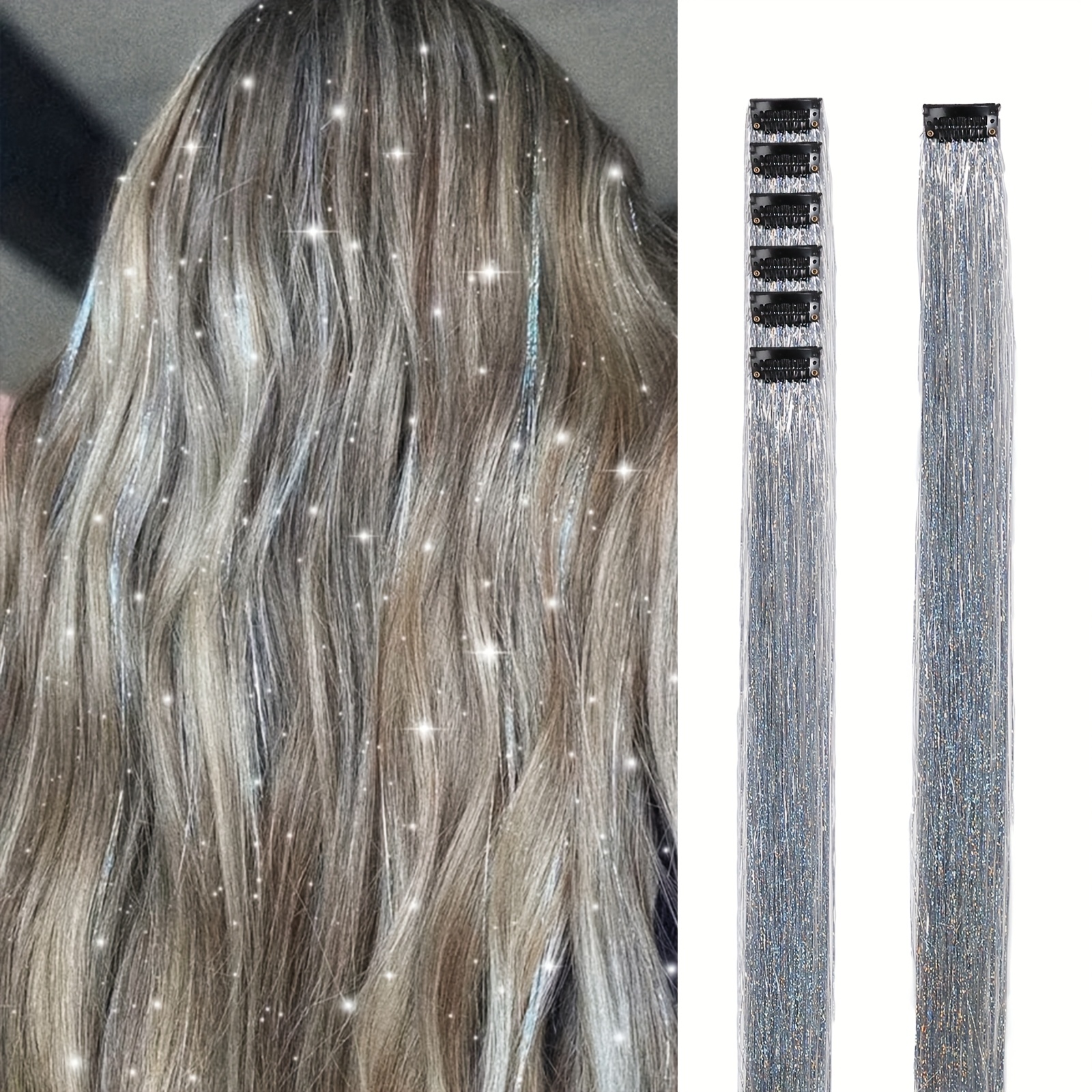 TEMU [Cube de Cheveux] Lot de 6 Extensions à Paillettes de 20 Pouces, Large Clip-in pour un Éclat Instantané, Cheveux de Fée pour Femmes et Filles,