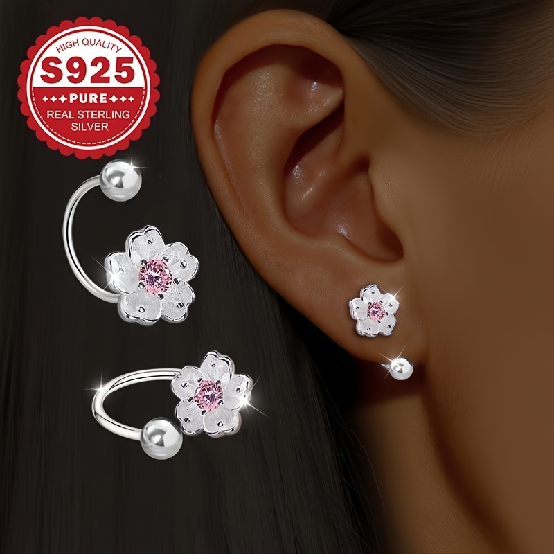 1 Pair Of Flower Earrings, S925 Sterling Silvery Cherry Hooks, Spring-, Perfect For Banquets, Parties, Weddings & Daily Wear – Hypoallergenic Gift For Women
