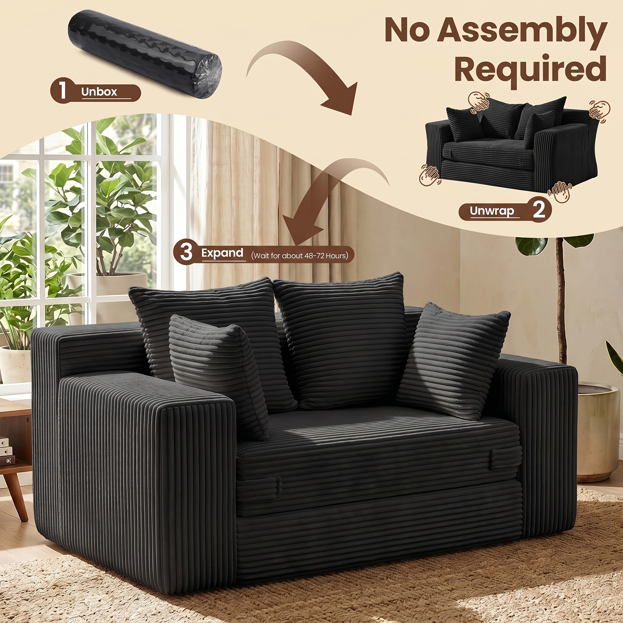 Boneless Couch Loveseat Sleeper, Convertible Sofa Bed Folding Couch Bed Foldable, 2 In 1 Boneless Chair Bed And Futon Sofa Bed, Small Pull Out Sofa With 4 Pillows For Living Room