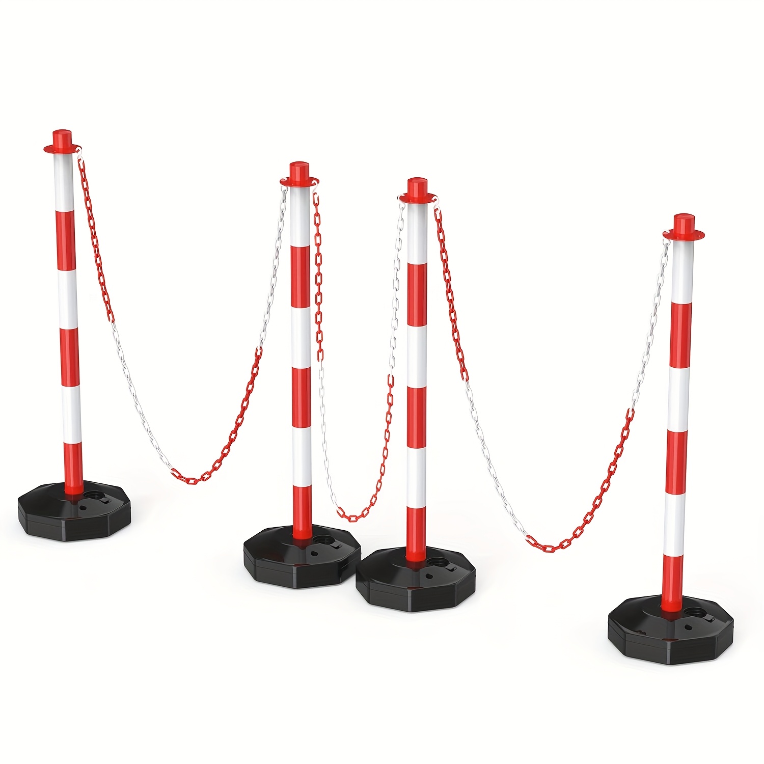 4pcs detachable chain safety barrier, adjustable height traffic obstacle stakes with 2m chain, durable plastic material, warning post for safe and   areas,   barrier, parking spot protection stakes, suitable for traffic management, construction site protection, pool protection, parking pole, vial safety cone, no parking device, parking fence, parking tower, car cone, no parking banner, parking blocker, barrier post, red and white warning chain, barrier, road 0