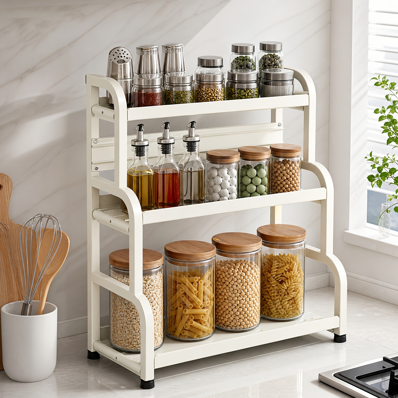 Multi-functional Spice Rack, 3-layer Spice Rack, Kitchen Counter Organizer, Bathroom Counter Organizer, Bathroom Counter Organizer For Makeup, Table Organizer, With Hook, Cutting Board Rack