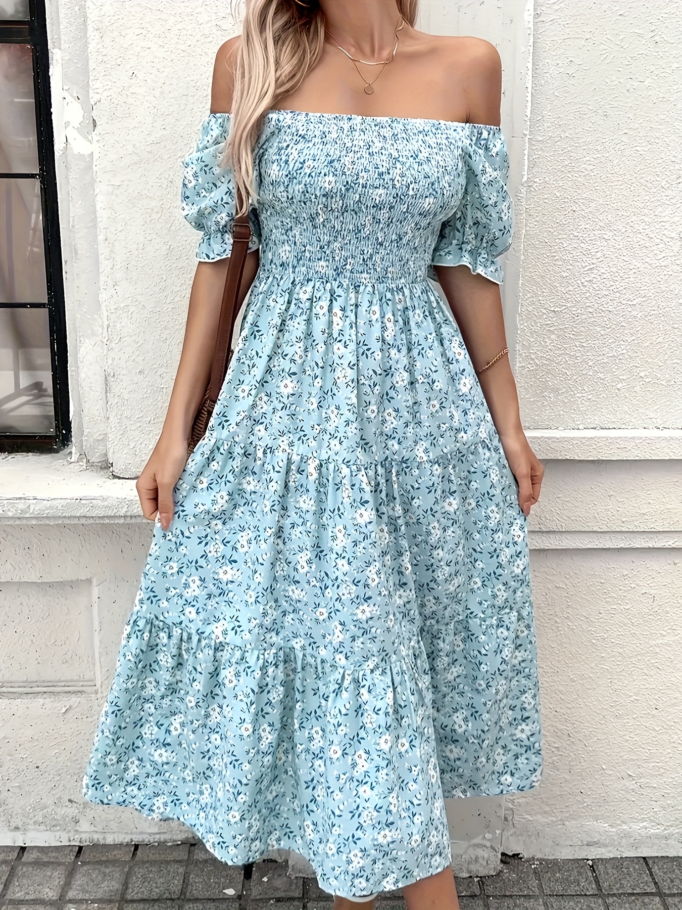 cute mid length summer dresses PRETTYGARDEN Women's Casual Midi Dresses Square Neck Short Sleeve Smoc