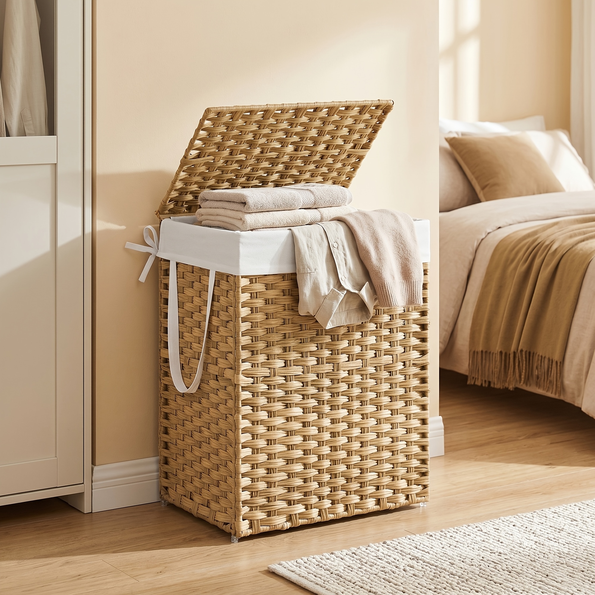 90-liter Bohemian Synthetic Rattan Laundry Basket With Lid & Removable Bag - Foldable Frame Hamper Suitable For, Bathroom, Room Storage, Rectangular For Clothes,, Blankets, Laundry Baskets
