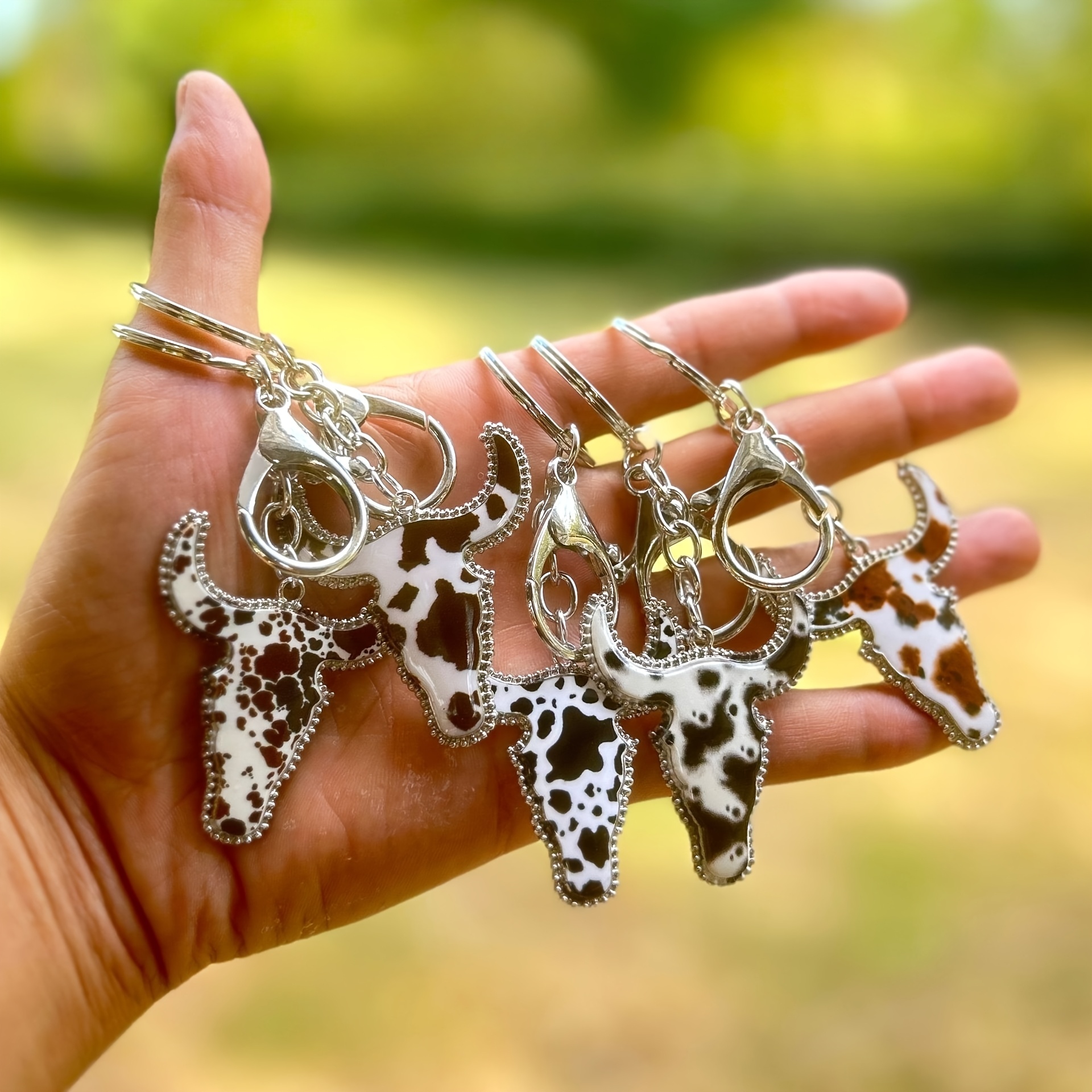 TEMU Set Of 5 Unique Cowboy-themed Keychains Featuring Cowhide, Leopard, And Black-and-white Prints, Perfect As A Bag Accessory Or Small Gift