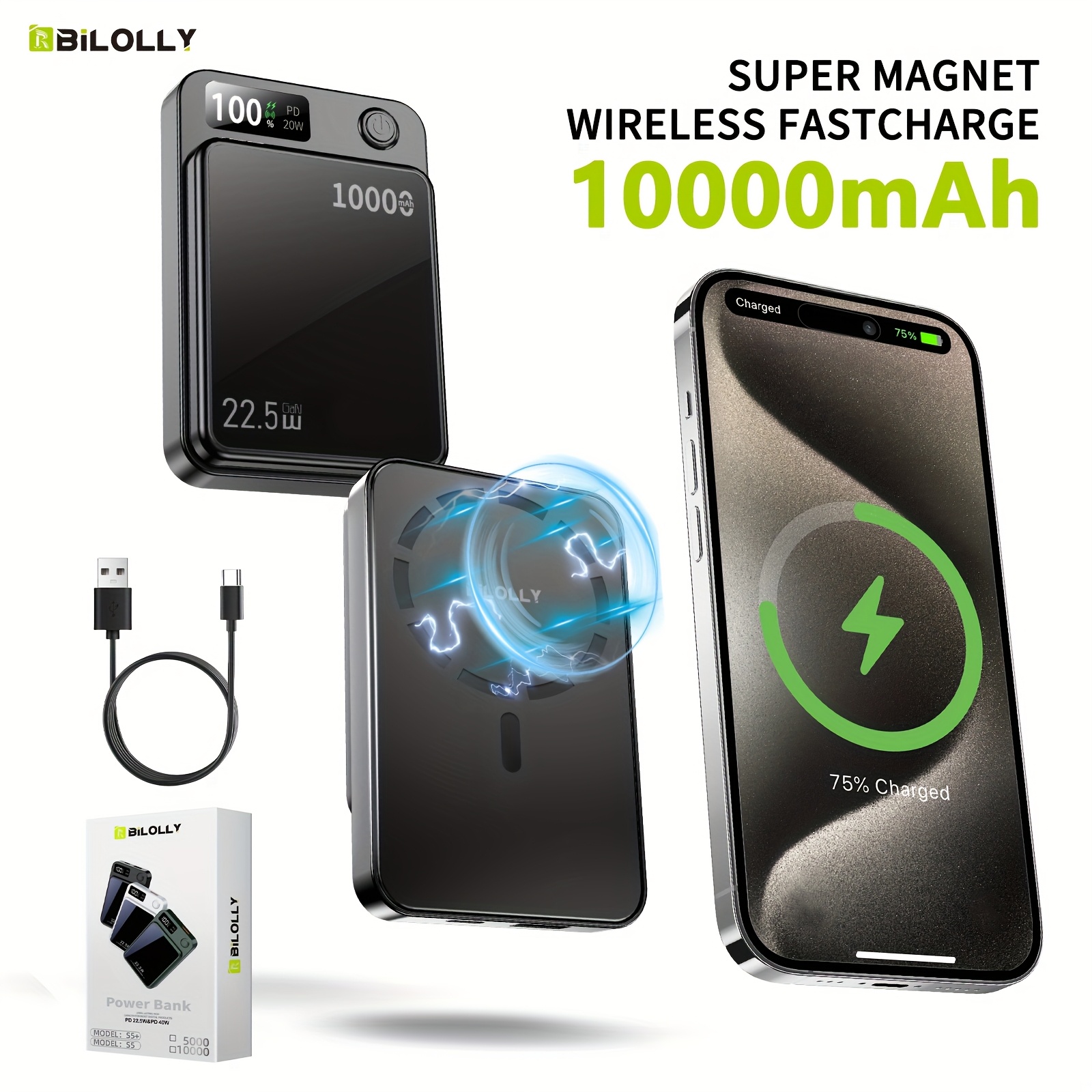 TEMU New Magnetic Wireless Power Bank - Portable Charger Power Bank, 5000/10000/15000mah Battery Pack, 22.5/30w Pd Fast Charging, 15w Wireless